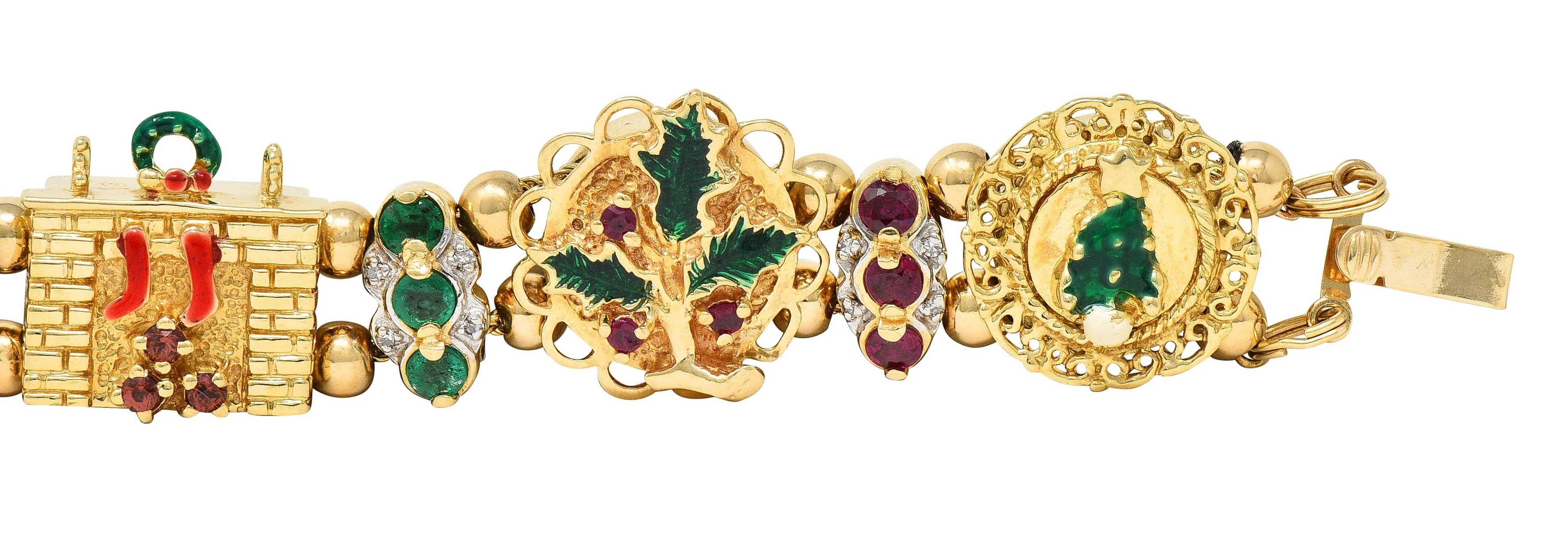 1990s Ruby Emerald Diamond Garnet Enamel 14 Karat Gold Vintage Christmas Slide Bracelet - Image 5