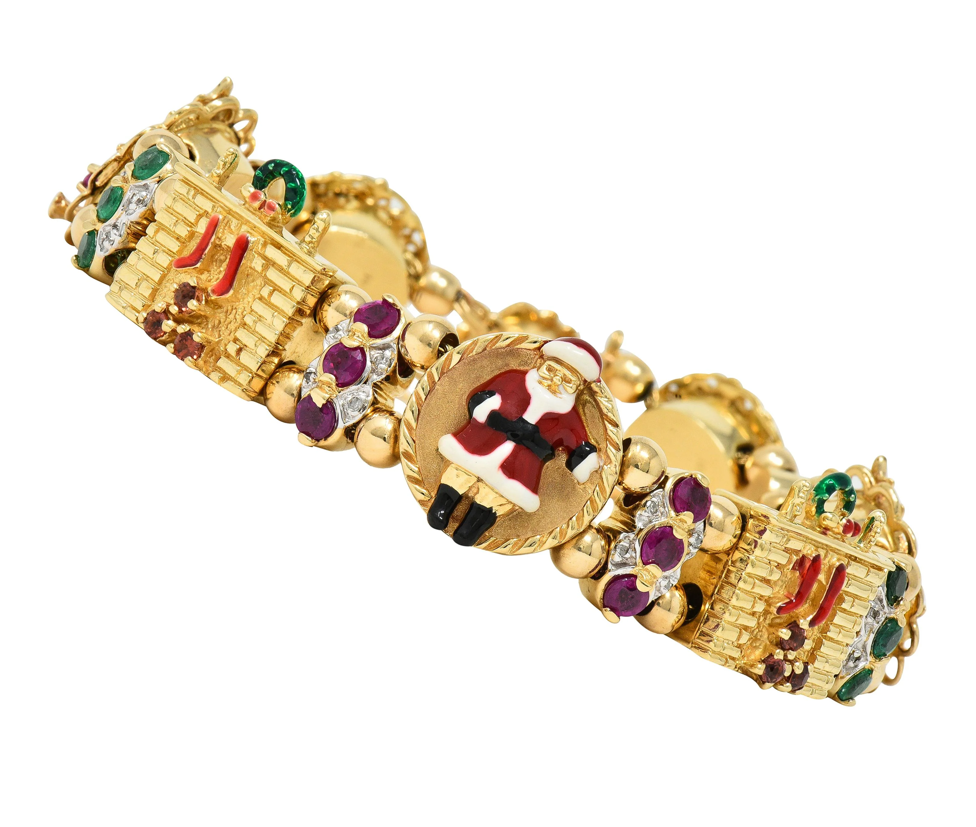 1990s Ruby Emerald Diamond Garnet Enamel 14 Karat Gold Vintage Christmas Slide Bracelet - Image 6
