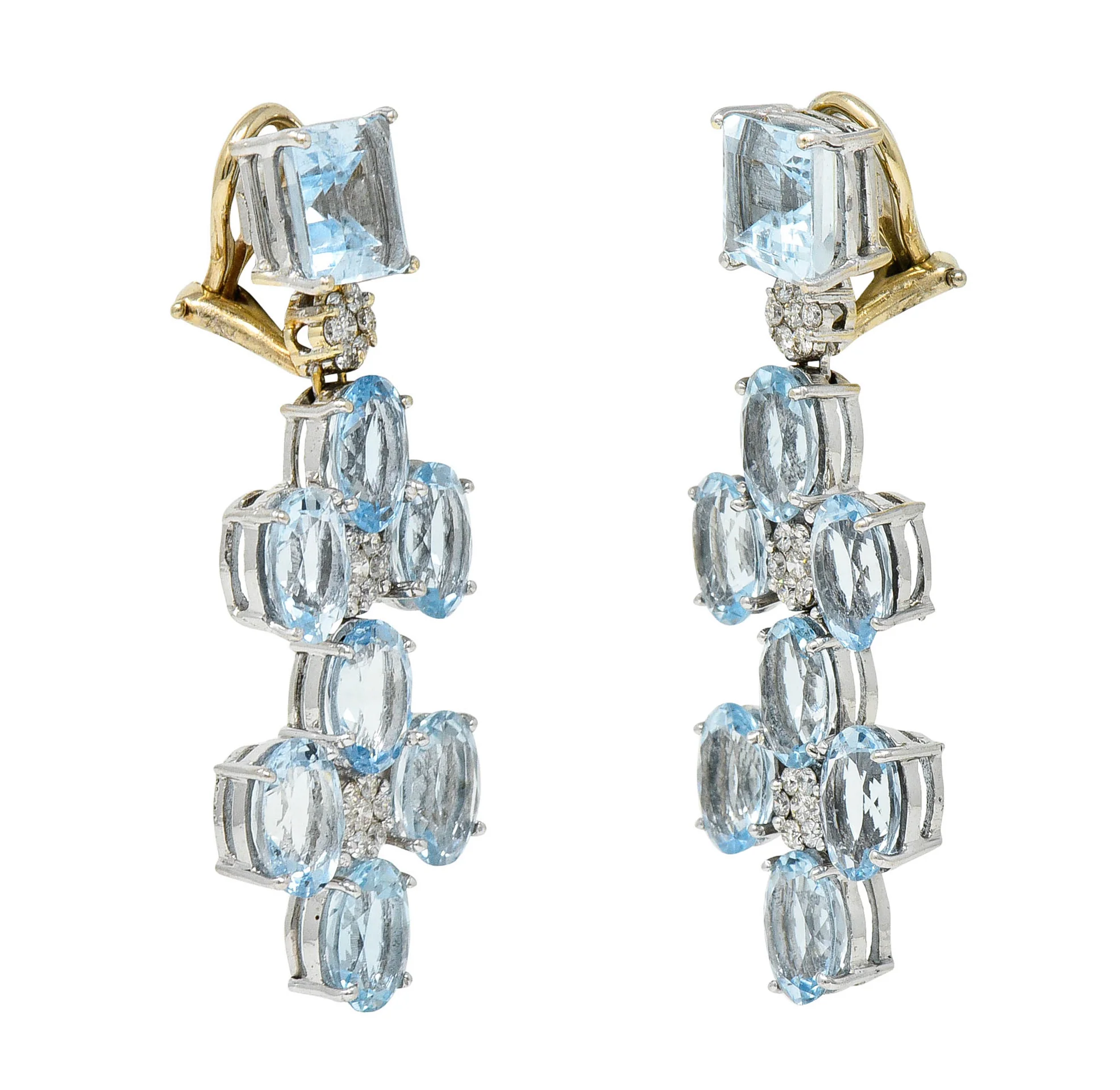 1990's Vintage 18.75 CTW Aquamarine Diamond 18 Karat Two-Tone Gold Chandelier Earrings - Image 5