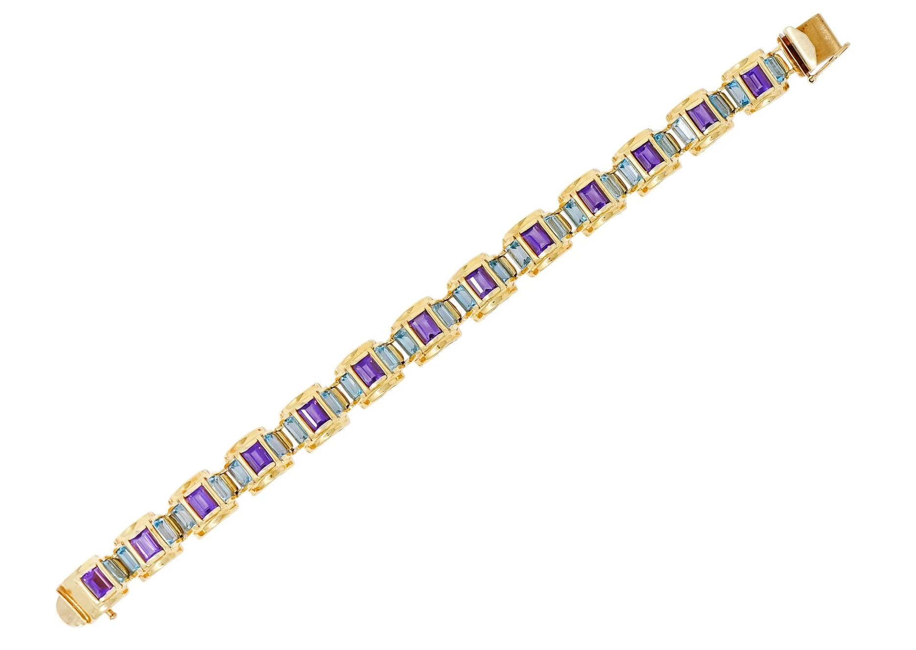1990's Vintage Amethyst Blue Topaz 14 Karat Gold Link Bracelet - Image 2