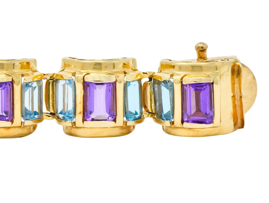 1990's Vintage Amethyst Blue Topaz 14 Karat Gold Link Bracelet - Image 8