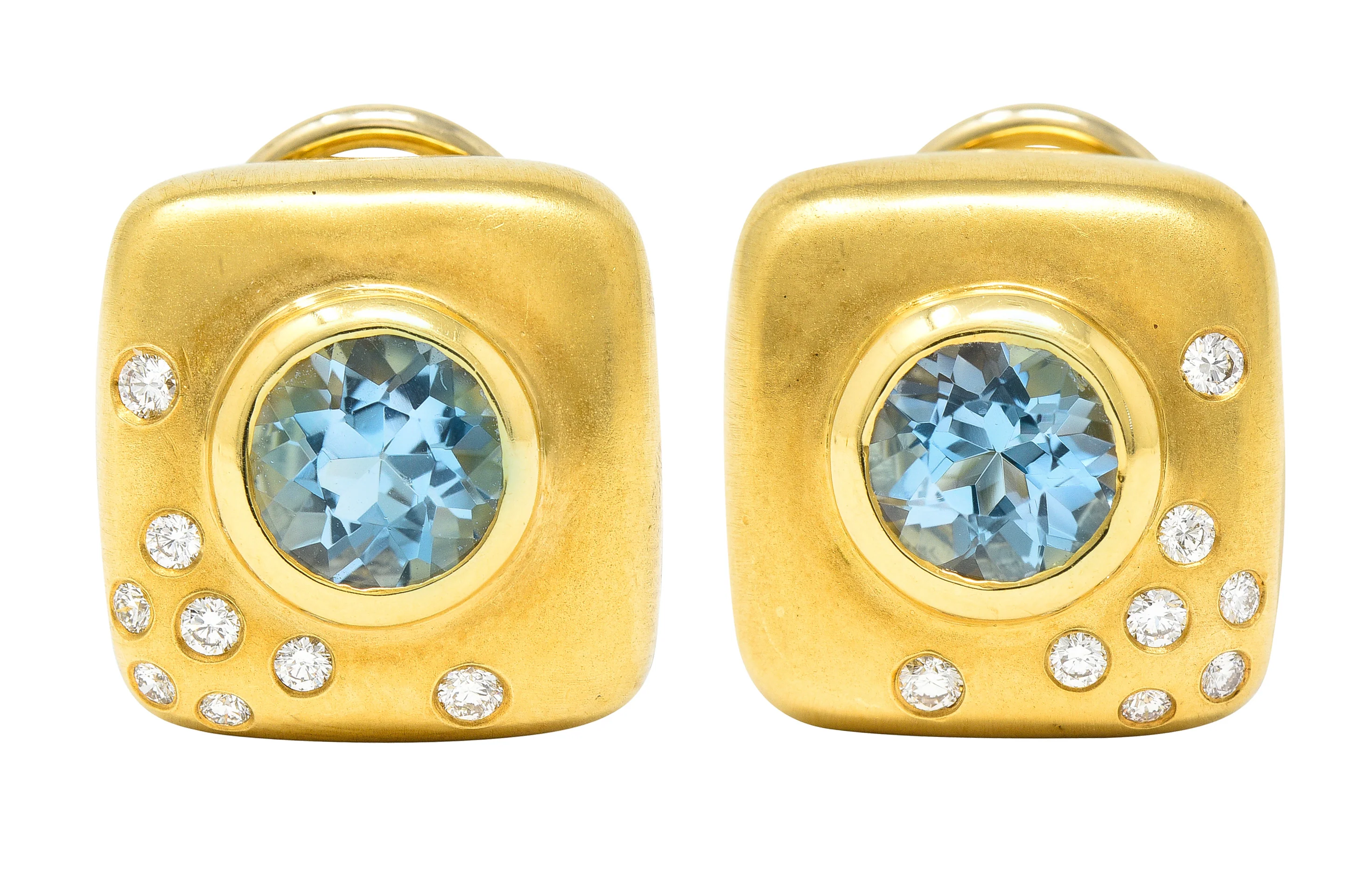 1997 Angela Cummings 2.58 CTW Aquamarine Diamond 18 Karat Yellow Gold Vintage Stud Earrings