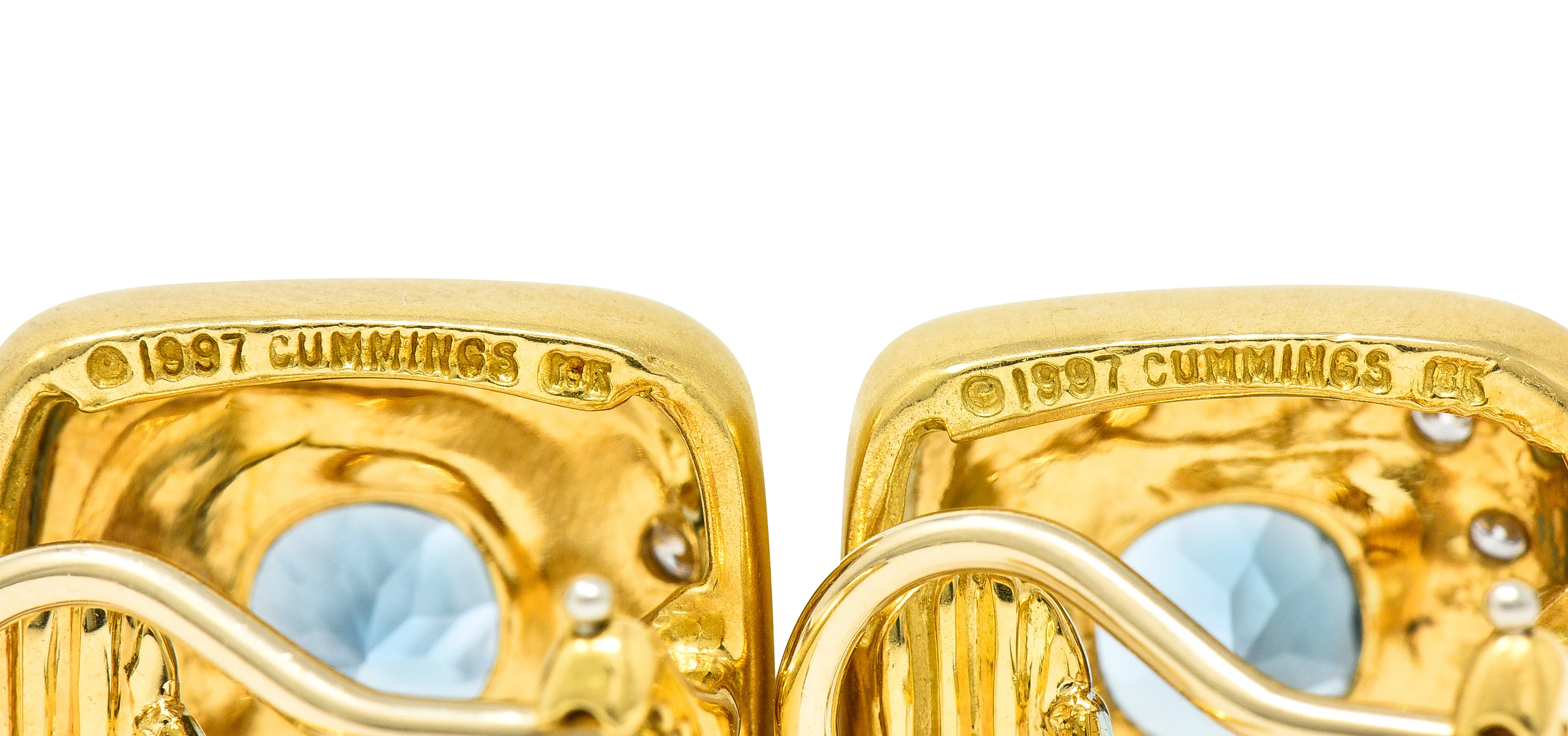 1997 Angela Cummings 2.58 CTW Aquamarine Diamond 18 Karat Yellow Gold Vintage Stud Earrings - Image 6