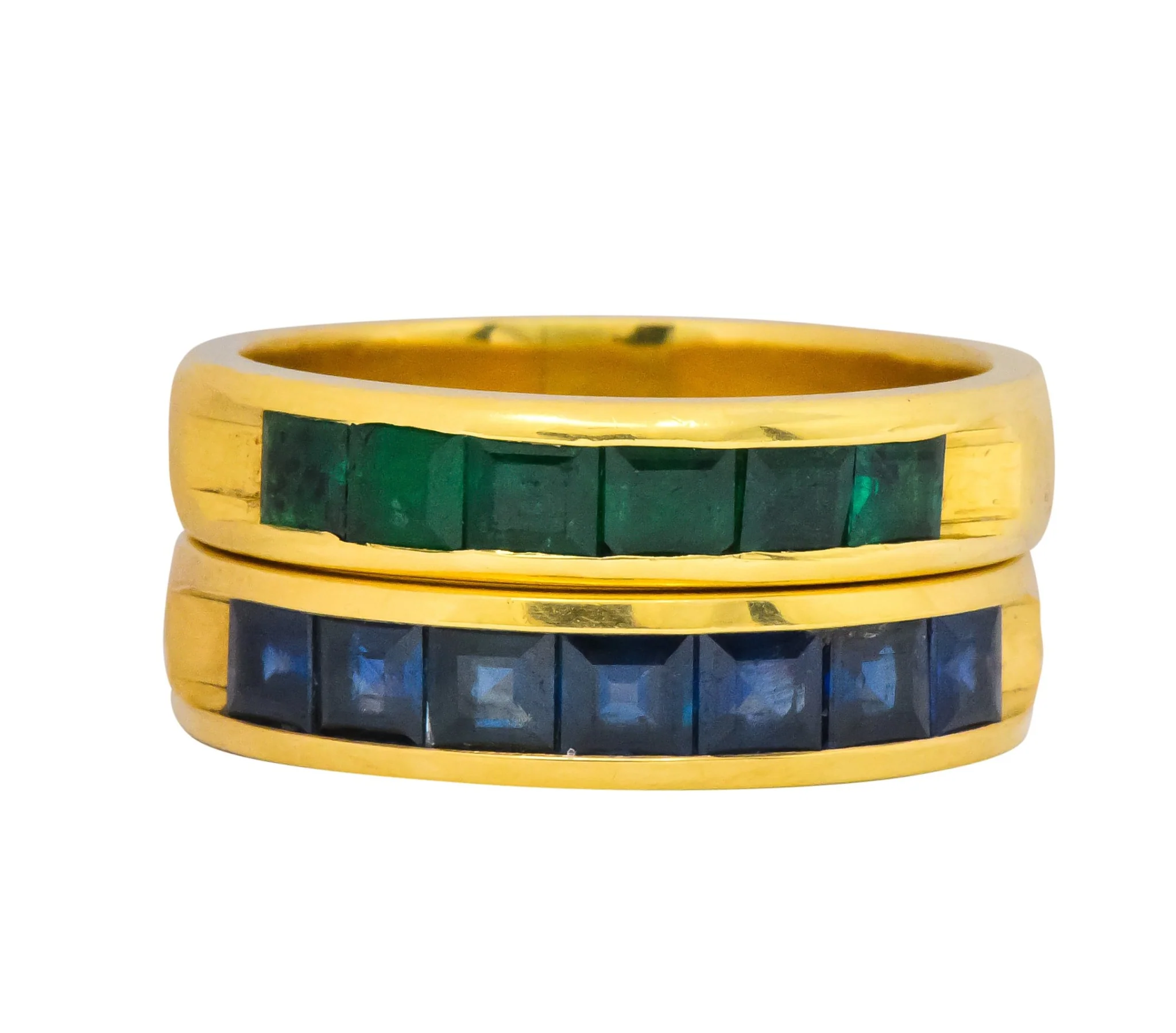 2 Contemporary 5.50 CTW Sapphire Emerald 18 Karat Gold Men's Band Rings - Image 2