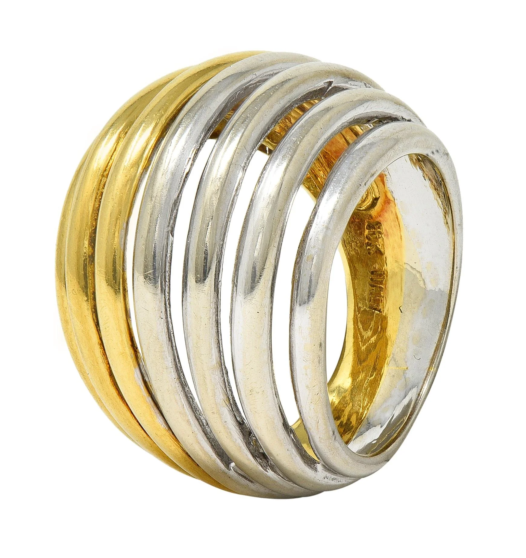 2000's 18 Karat Two-Tone Yellow White Gold Vintage Wire Dome Ring - Image 9