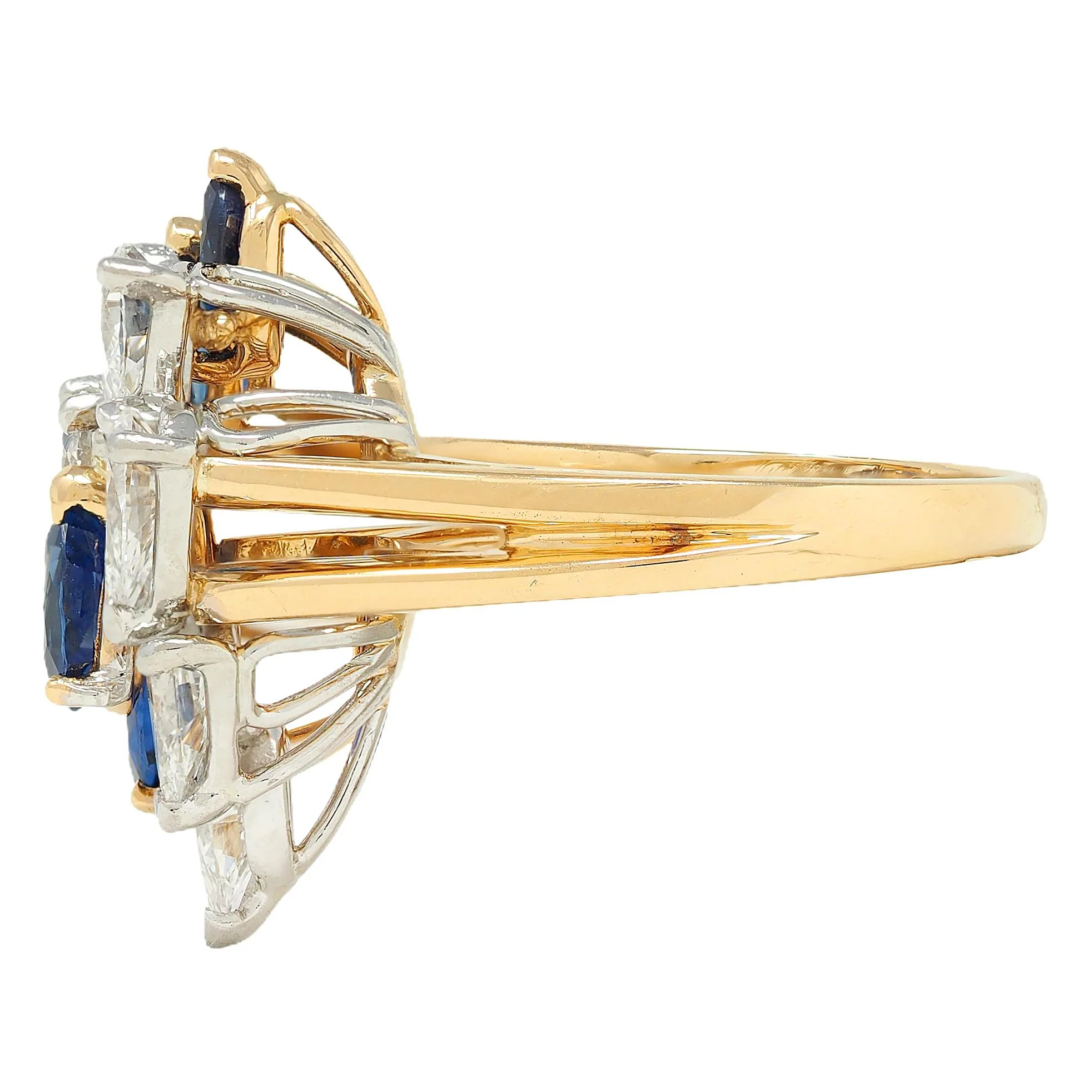 3.50 CTW Sapphire Diamond Platinum 18 Karat Gold Vintage Cluster Cocktail Ring - Image 5
