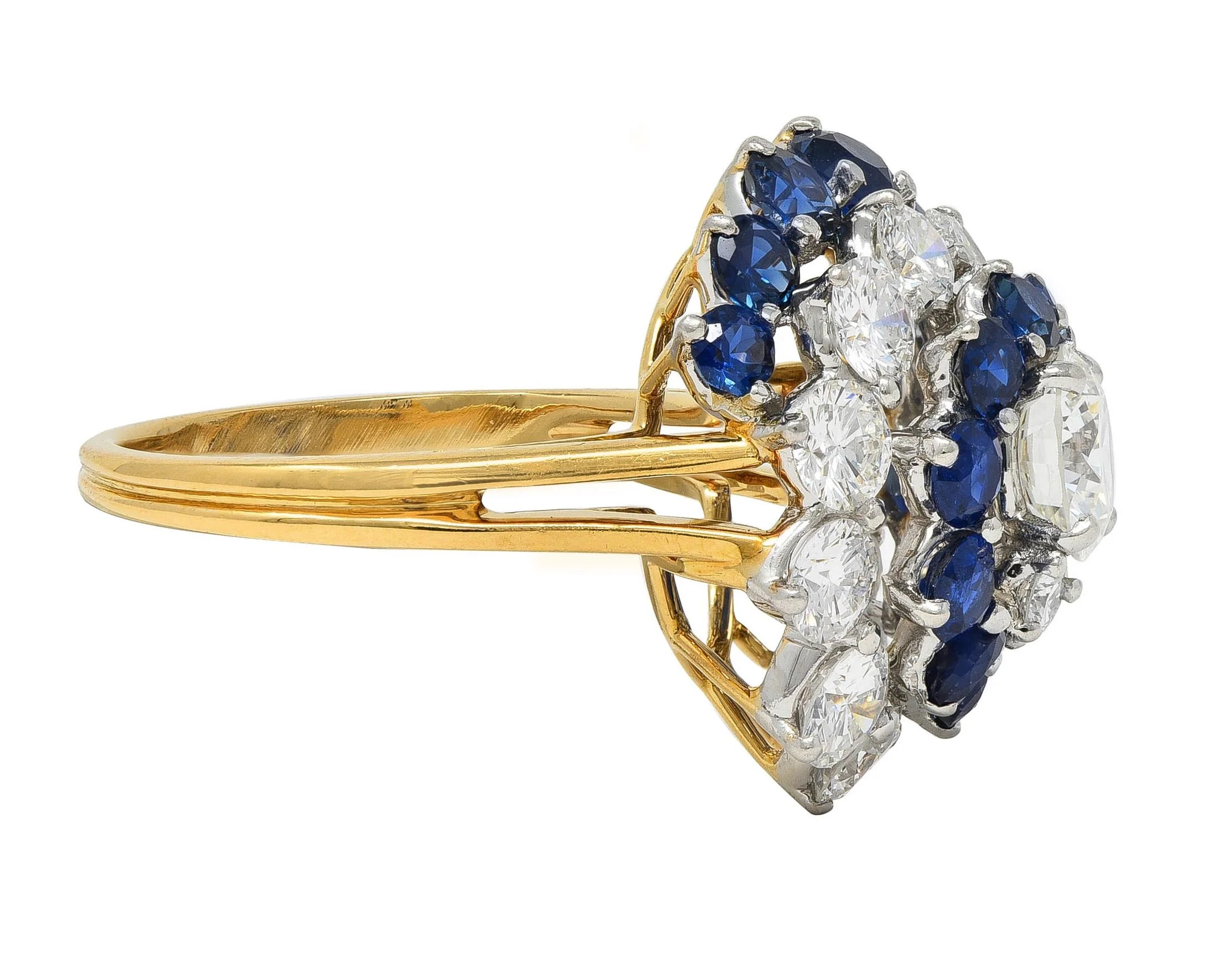 5.84 CTW Sapphire Diamond Platinum 18 Karat Yellow Gold Vintage Spiral Cluster Ring - Image 4