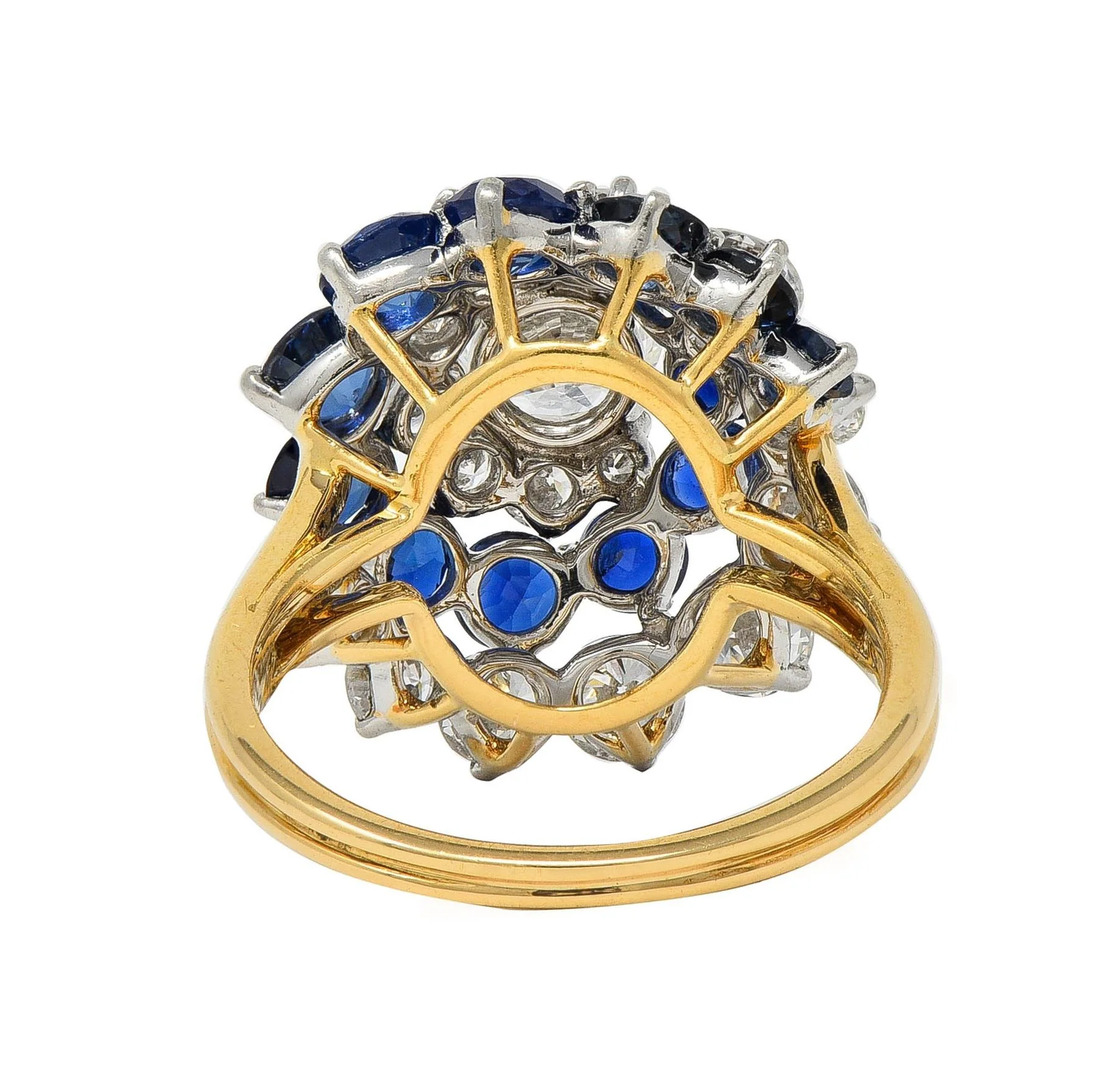 5.84 CTW Sapphire Diamond Platinum 18 Karat Yellow Gold Vintage Spiral Cluster Ring - Image 5