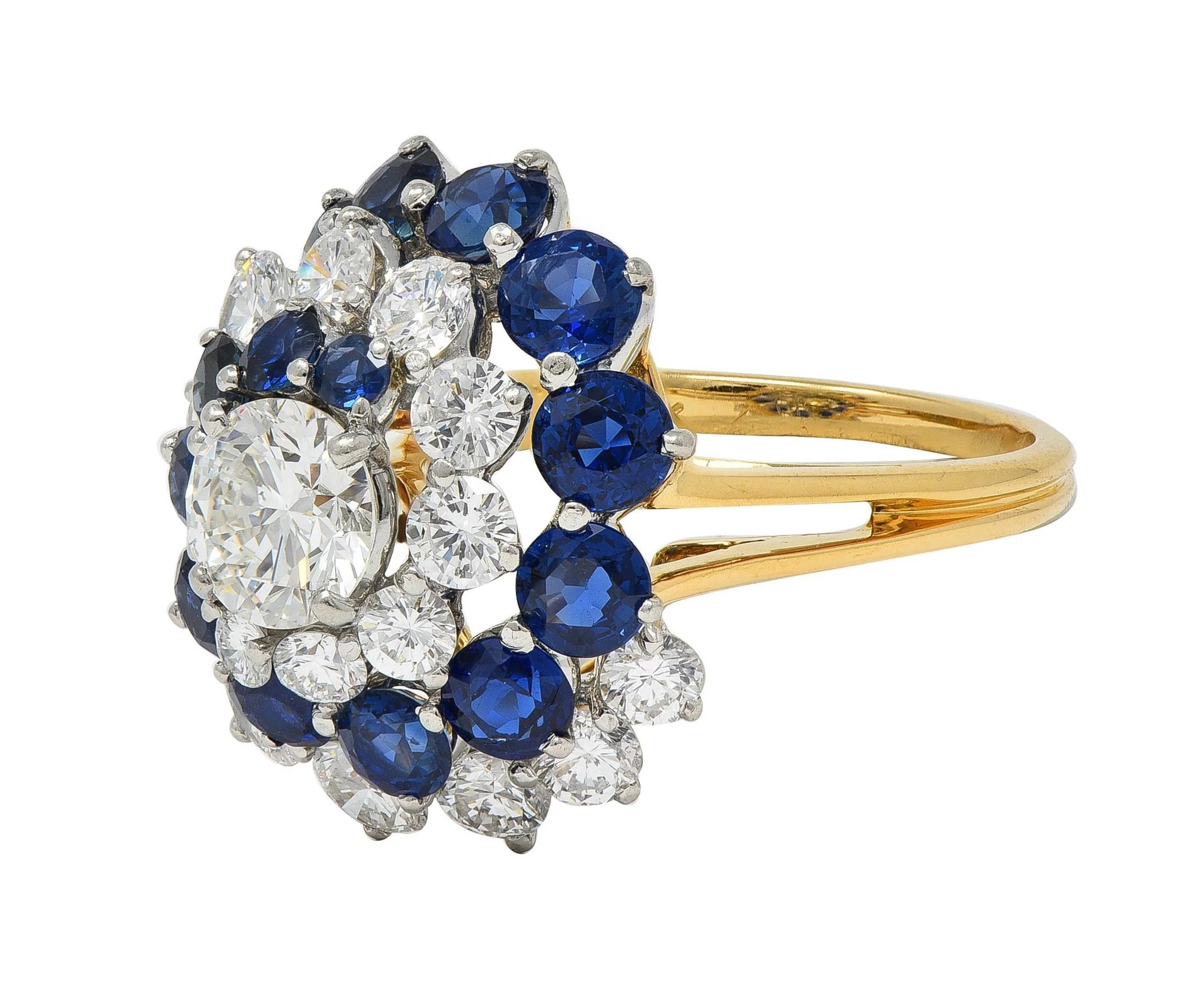 5.84 CTW Sapphire Diamond Platinum 18 Karat Yellow Gold Vintage Spiral Cluster Ring - Image 7