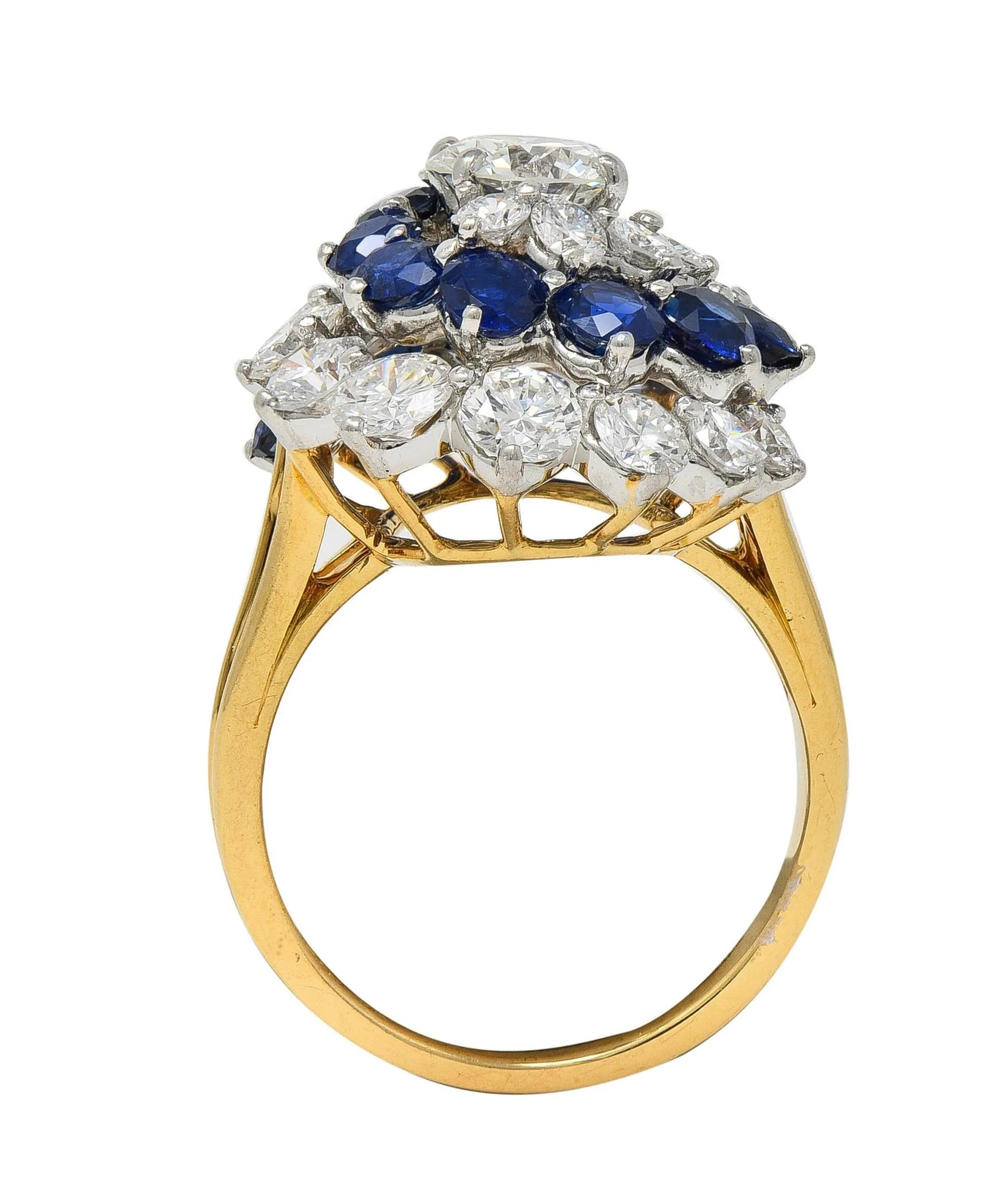 5.84 CTW Sapphire Diamond Platinum 18 Karat Yellow Gold Vintage Spiral Cluster Ring - Image 9