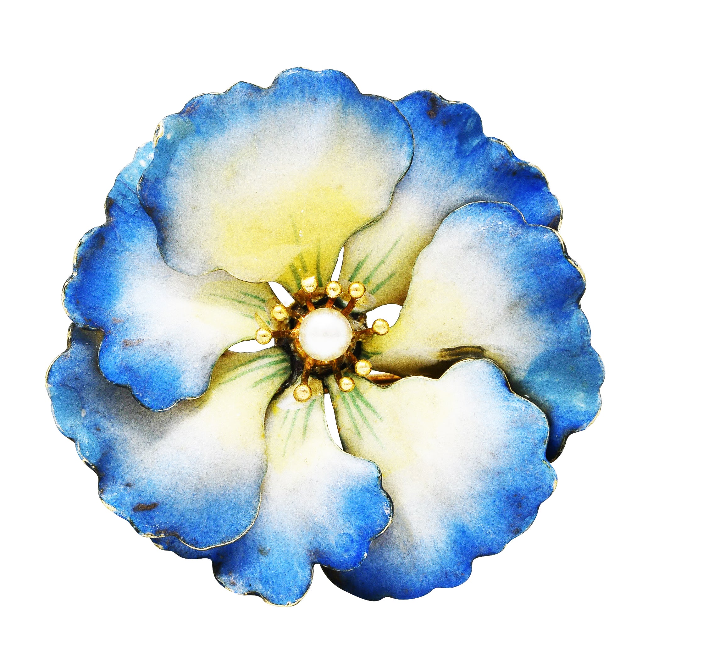 A.J. Hedges Art Nouveau Pearl Enamel 14 Karat Yellow Gold Poppy Flower Antique Brooch