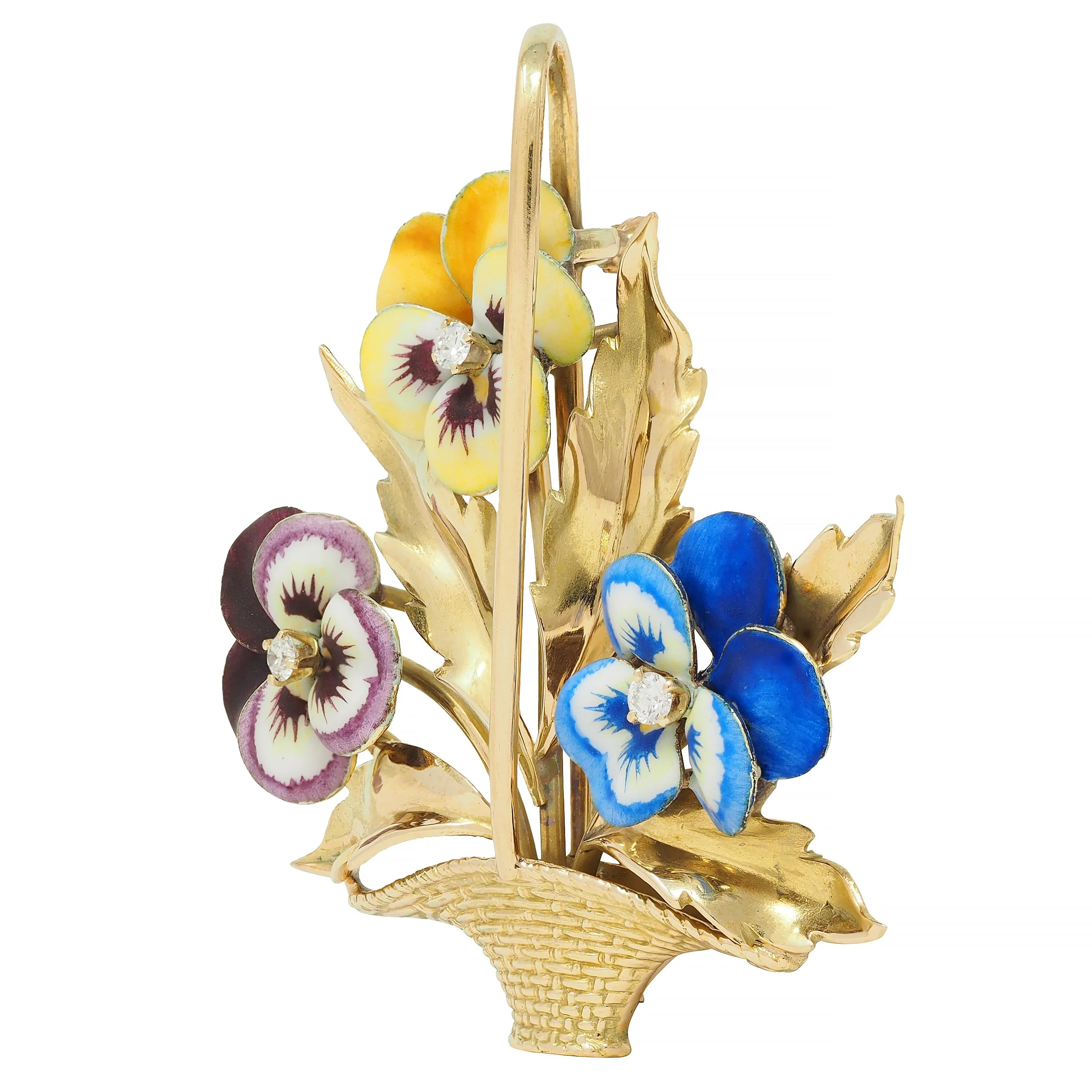 A. J. Hedges & Co. Enamel Diamond 14 Karat Yellow Gold Antique Basket Of Pansies Brooch - Image 5