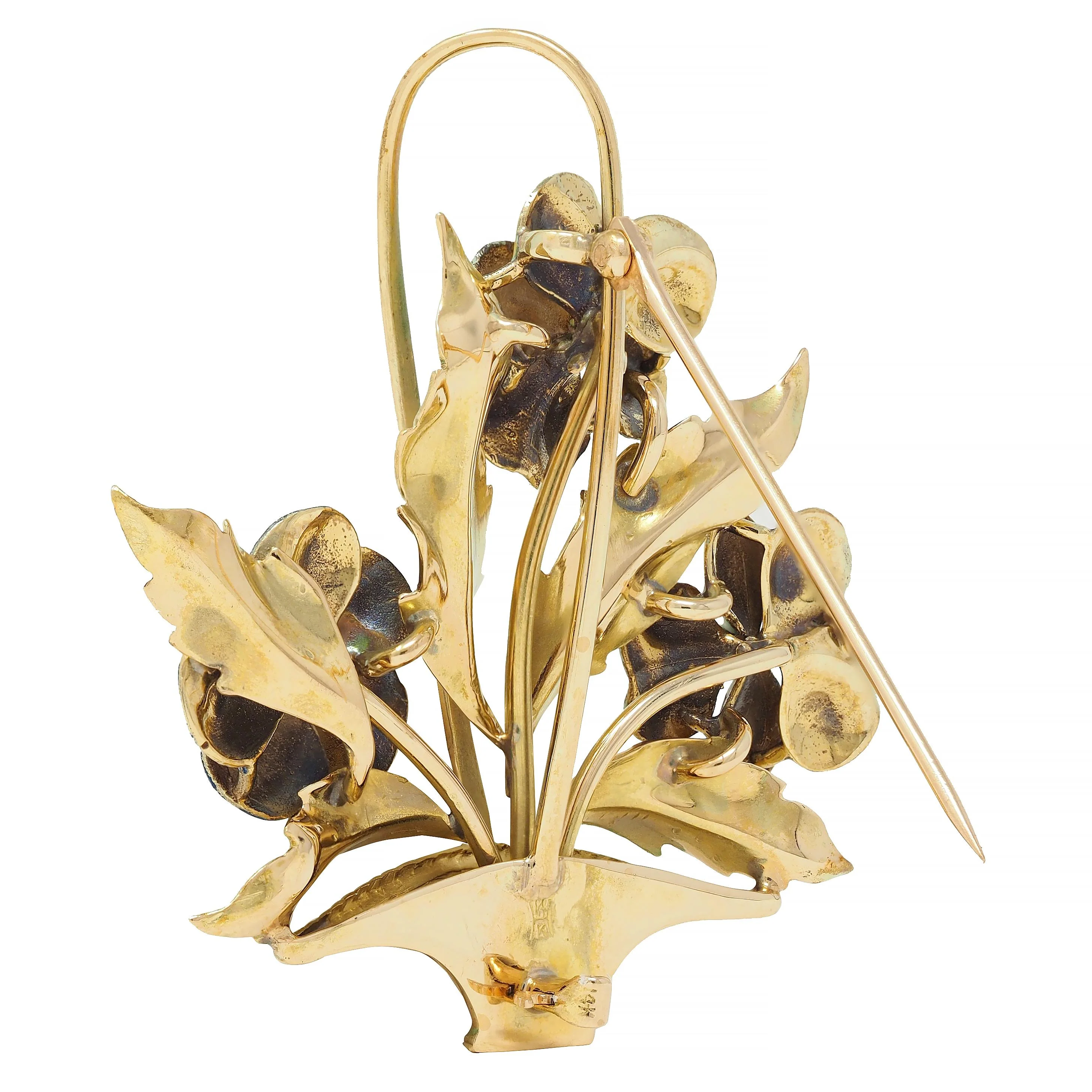 A. J. Hedges & Co. Enamel Diamond 14 Karat Yellow Gold Antique Basket Of Pansies Brooch - Image 6