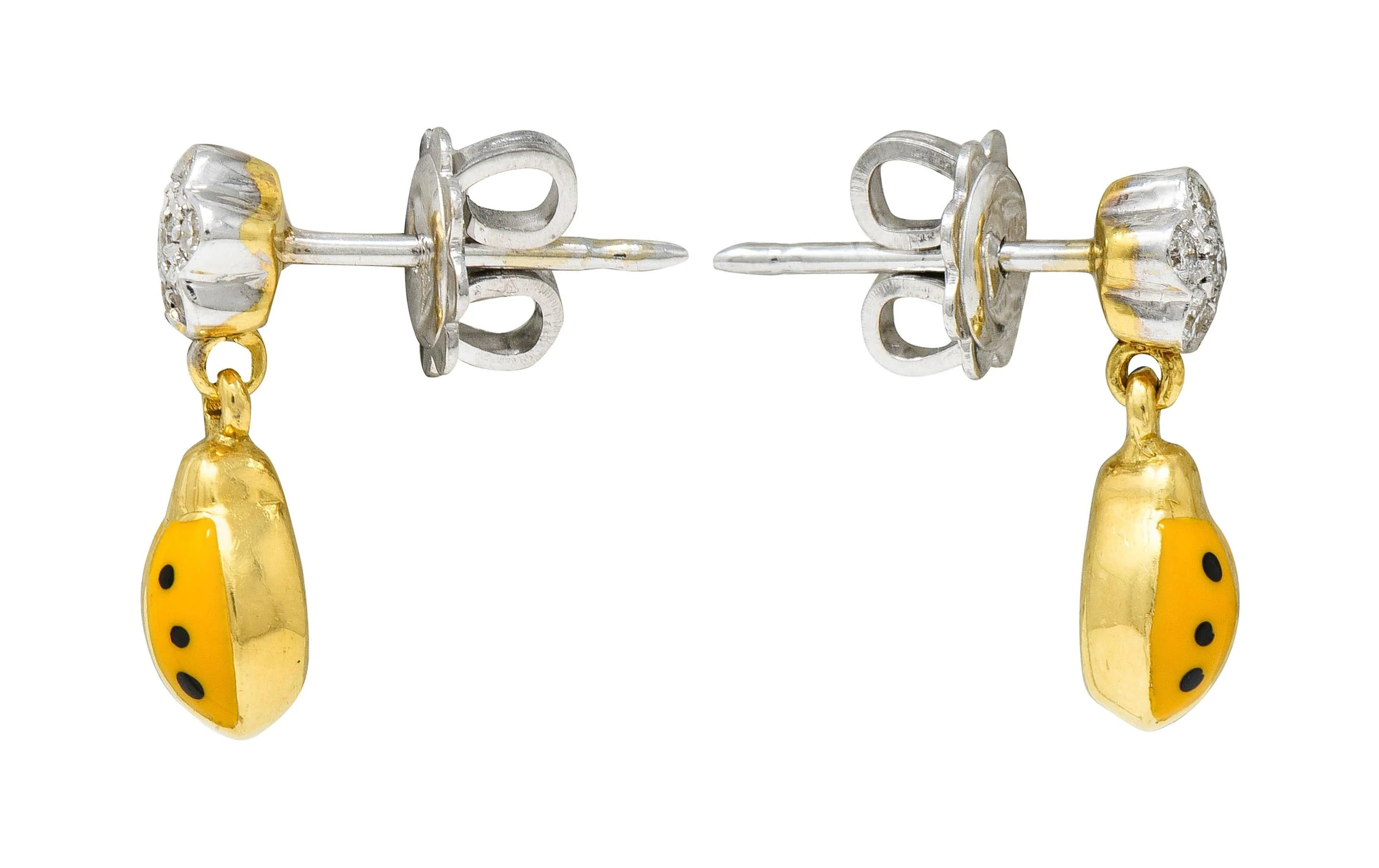 Aaron Basha Diamond Orange Enamel 18 Karat Two-Tone Gold Ladybug Drop Earrings - Image 3