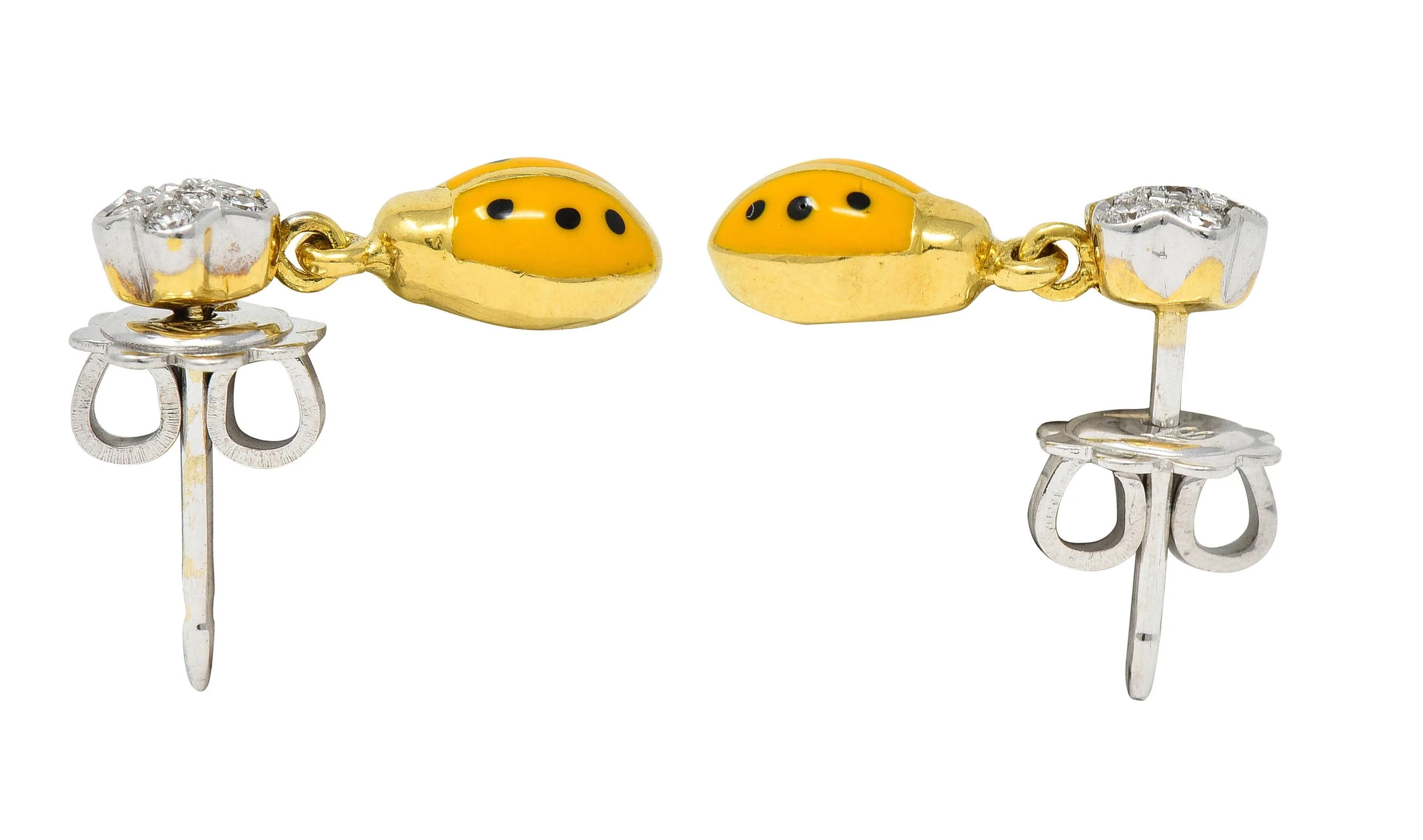 Aaron Basha Diamond Orange Enamel 18 Karat Two-Tone Gold Ladybug Drop Earrings - Image 7