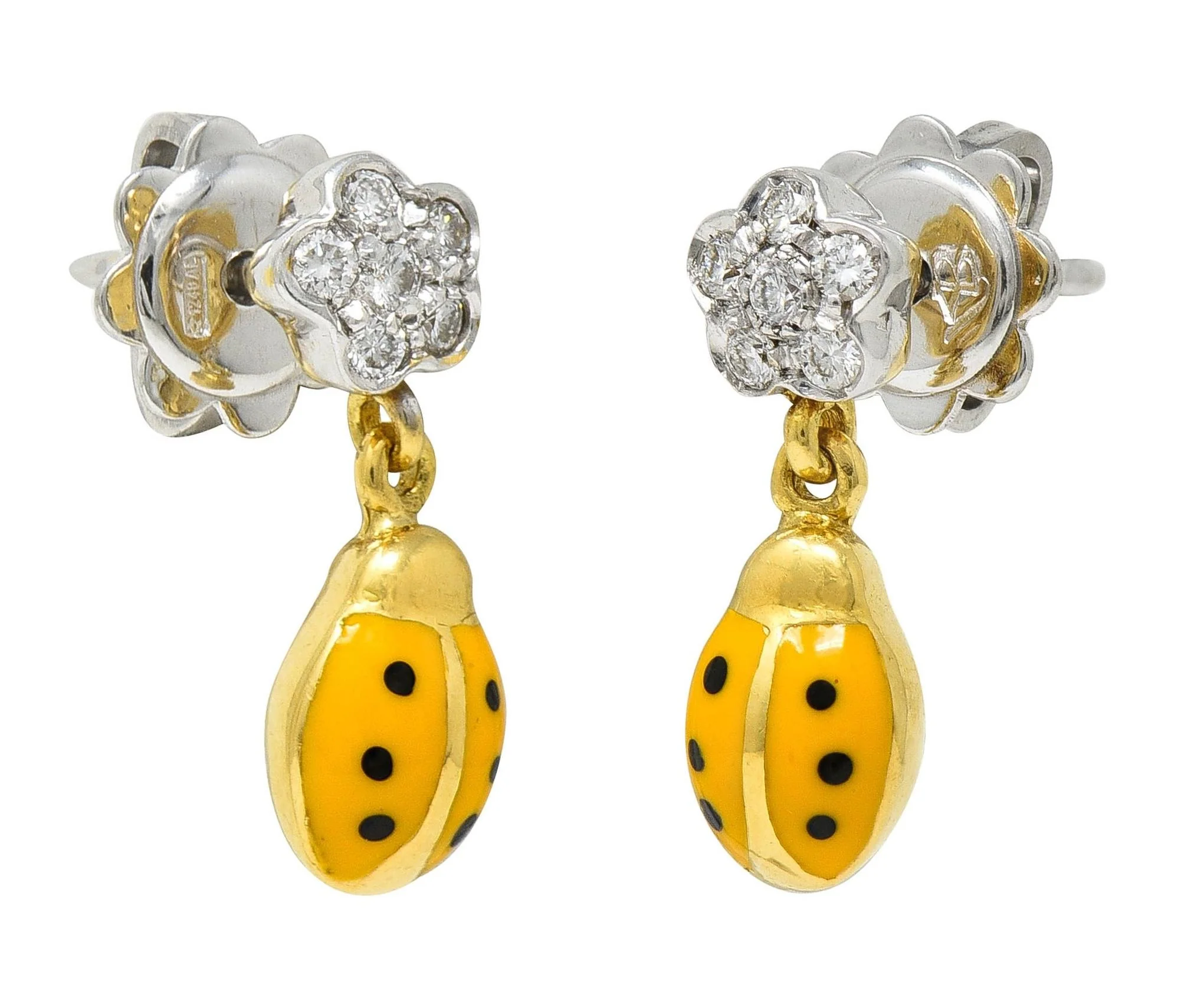 Aaron Basha Diamond Orange Enamel 18 Karat Two-Tone Gold Ladybug Drop Earrings - Image 8