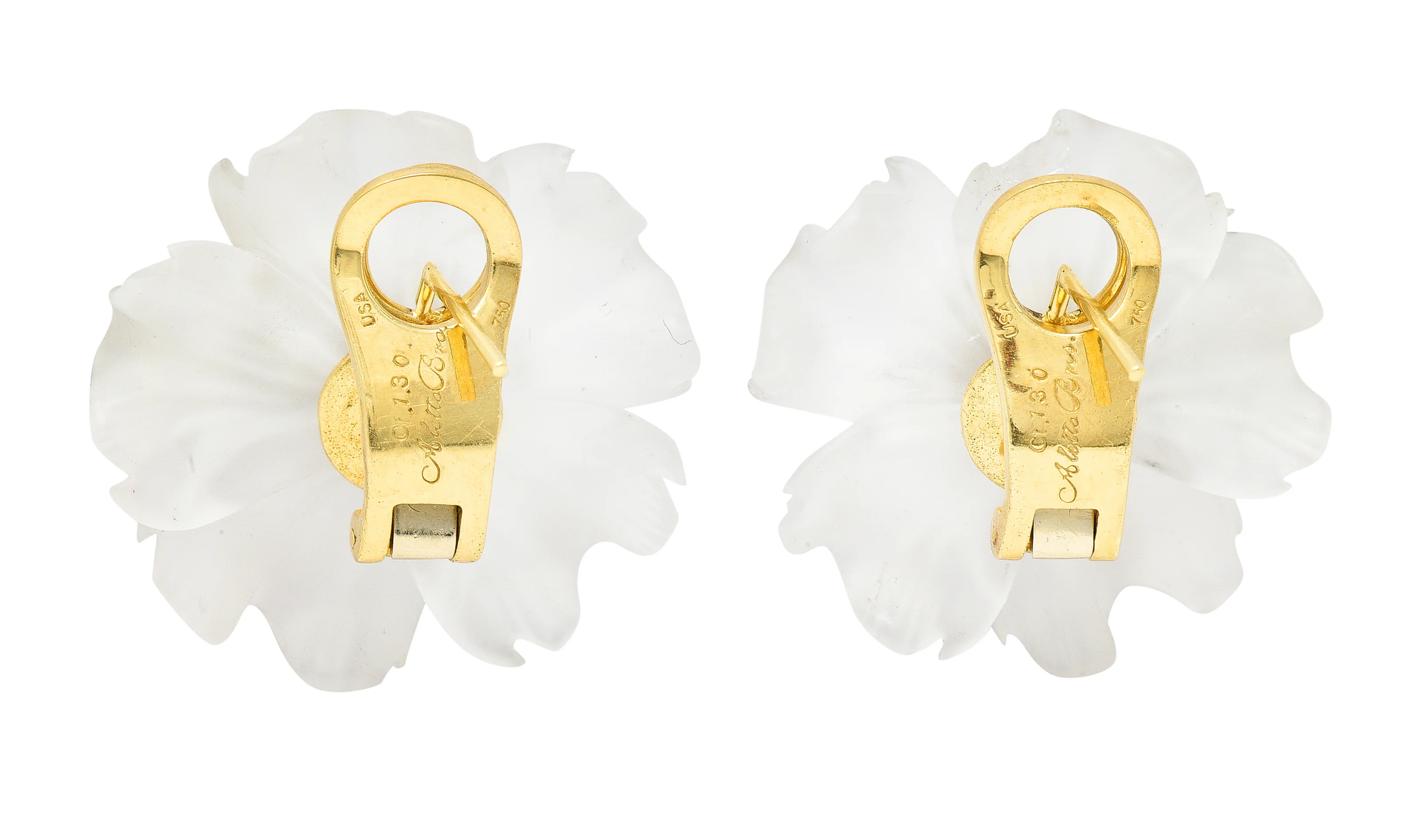 Aletto Brothers 1960's 1.30 CTW Diamond Carved Crystal 18 Karat Two-Tone Gold Flower Vintage Cluster Earrings - Image 3