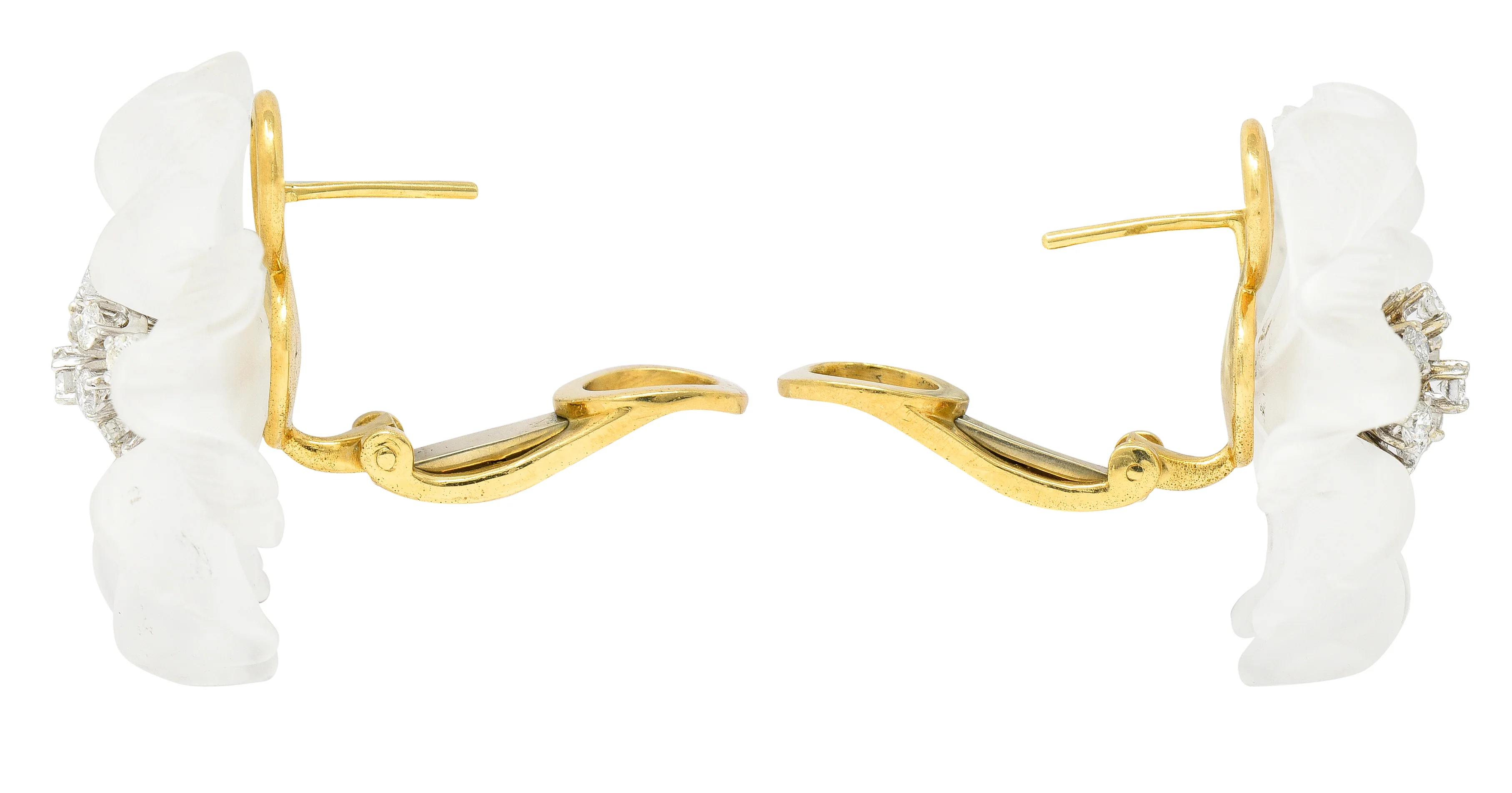 Aletto Brothers 1960's 1.30 CTW Diamond Carved Crystal 18 Karat Two-Tone Gold Flower Vintage Cluster Earrings - Image 5
