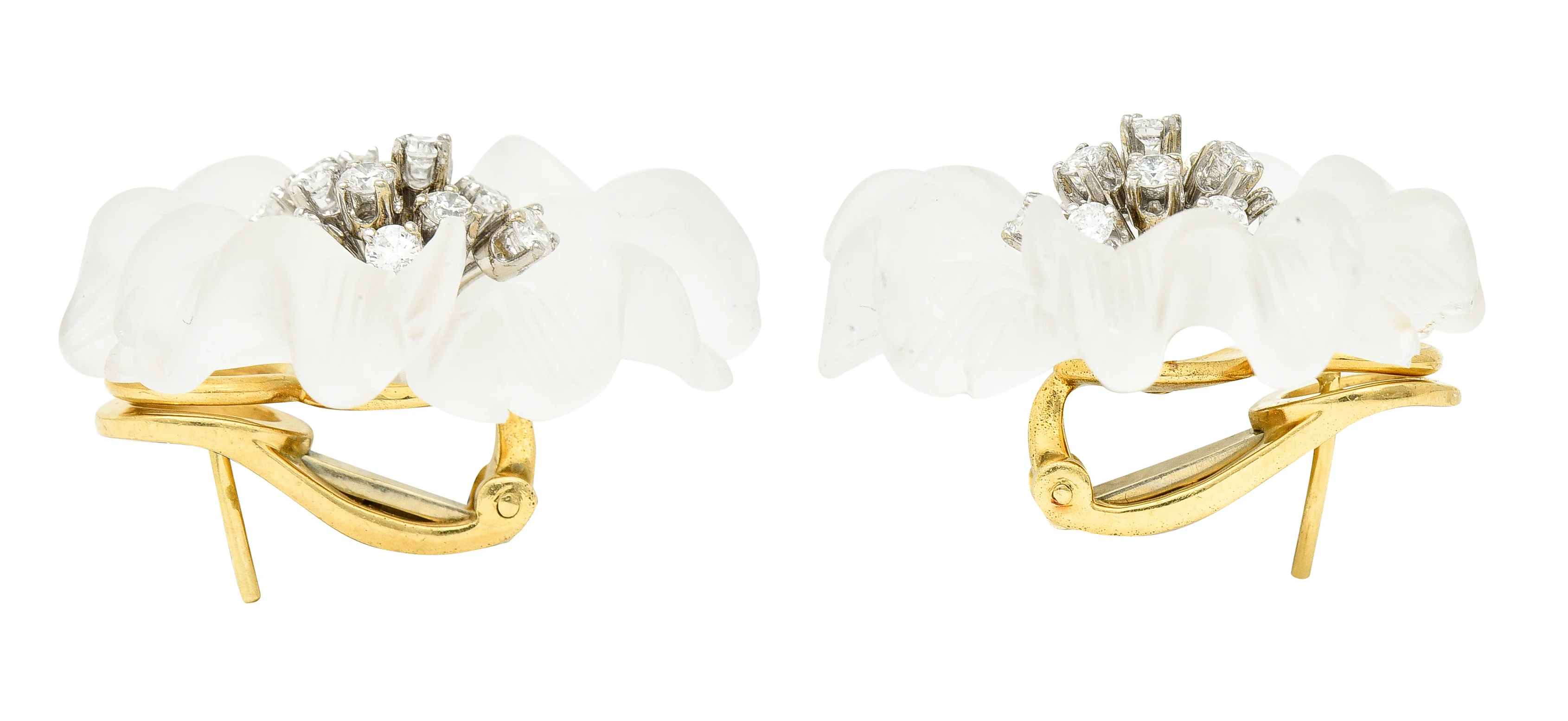 Aletto Brothers 1960's 1.30 CTW Diamond Carved Crystal 18 Karat Two-Tone Gold Flower Vintage Cluster Earrings - Image 7