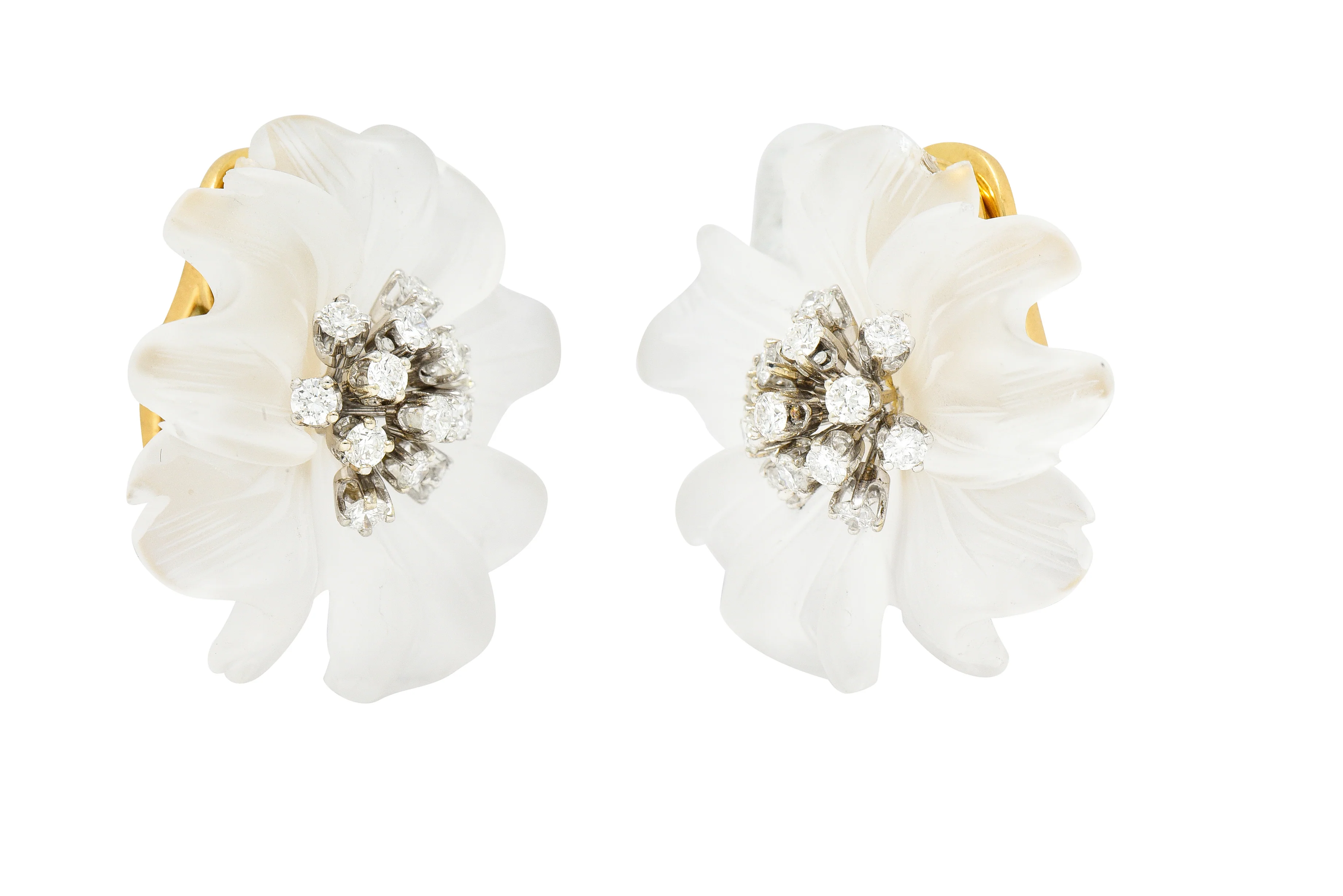 Aletto Brothers 1960's 1.30 CTW Diamond Carved Crystal 18 Karat Two-Tone Gold Flower Vintage Cluster Earrings - Image 8