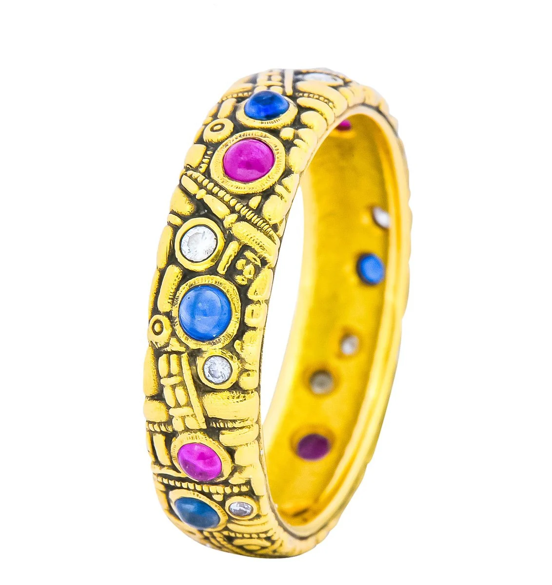 Alex Sepkus Blue Sapphire Ruby Diamond 18 Karat Gold Band Ring - Image 2