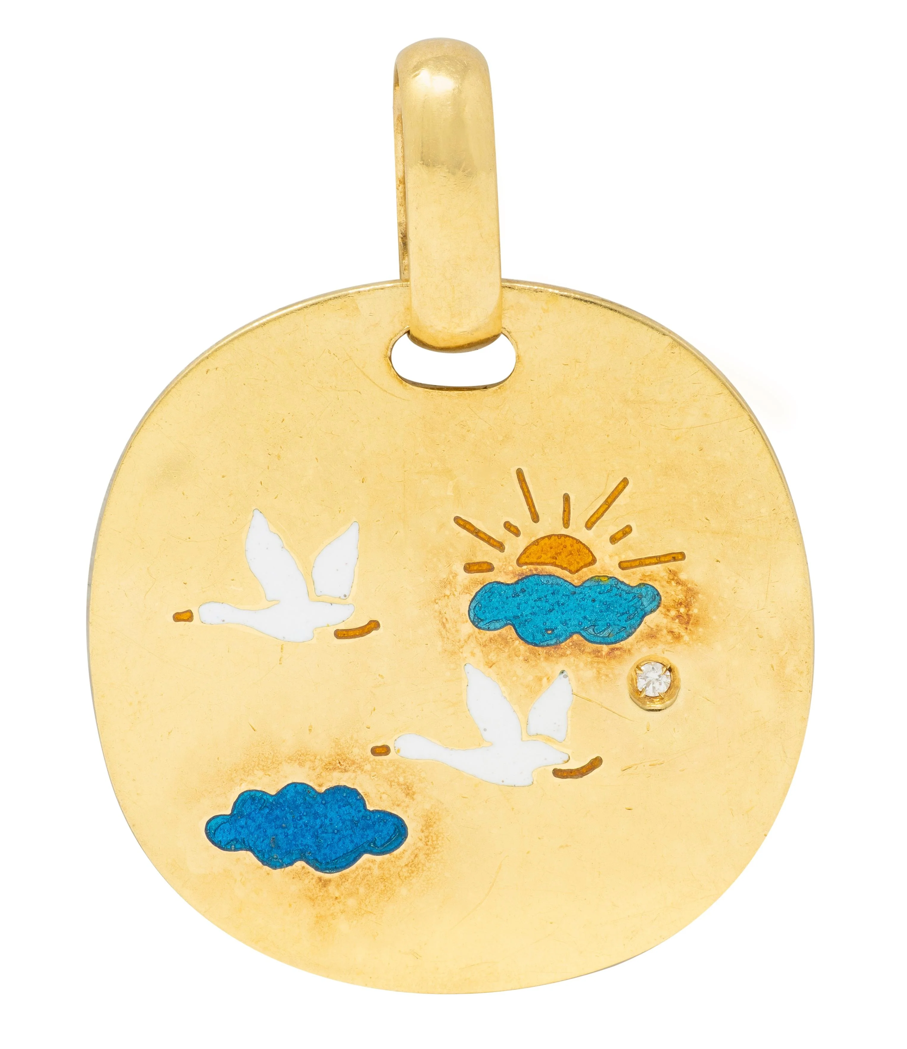 Alfieri & St. John 2000's Enamel Diamond 18 Karat Yellow Gold Flying Geese Pendant