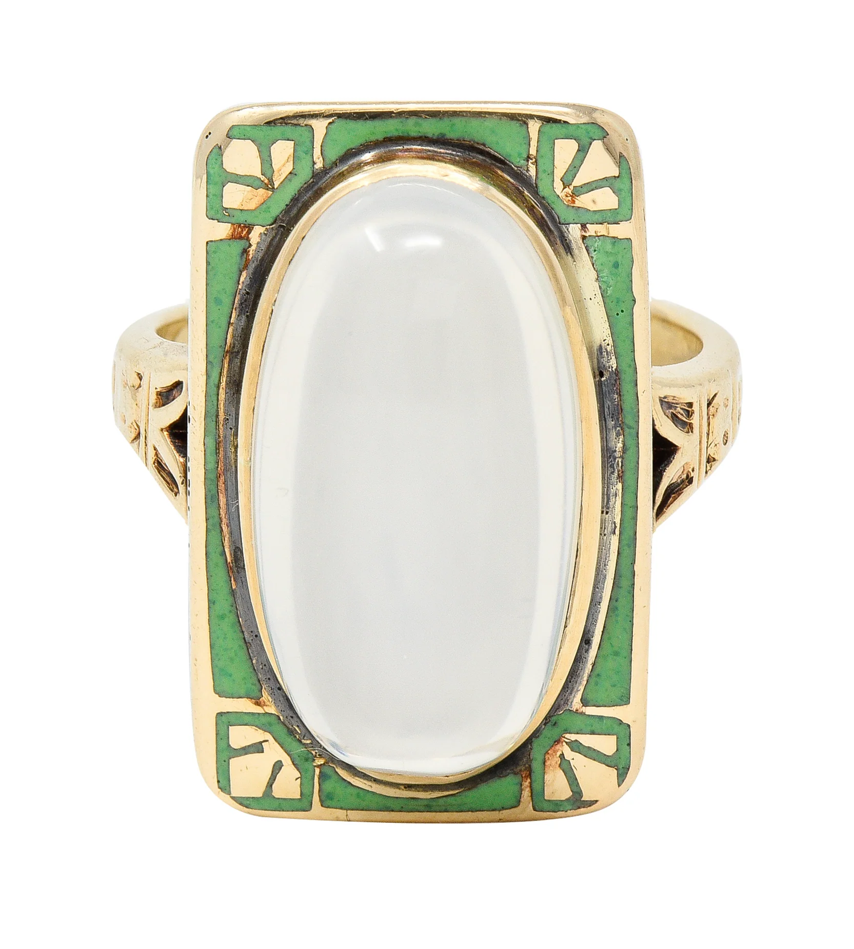 Allsop Bros. Art Nouveau Moonstone Cabochon Enamel 10 Karat Yellow Gold Antique Gemstone Ring