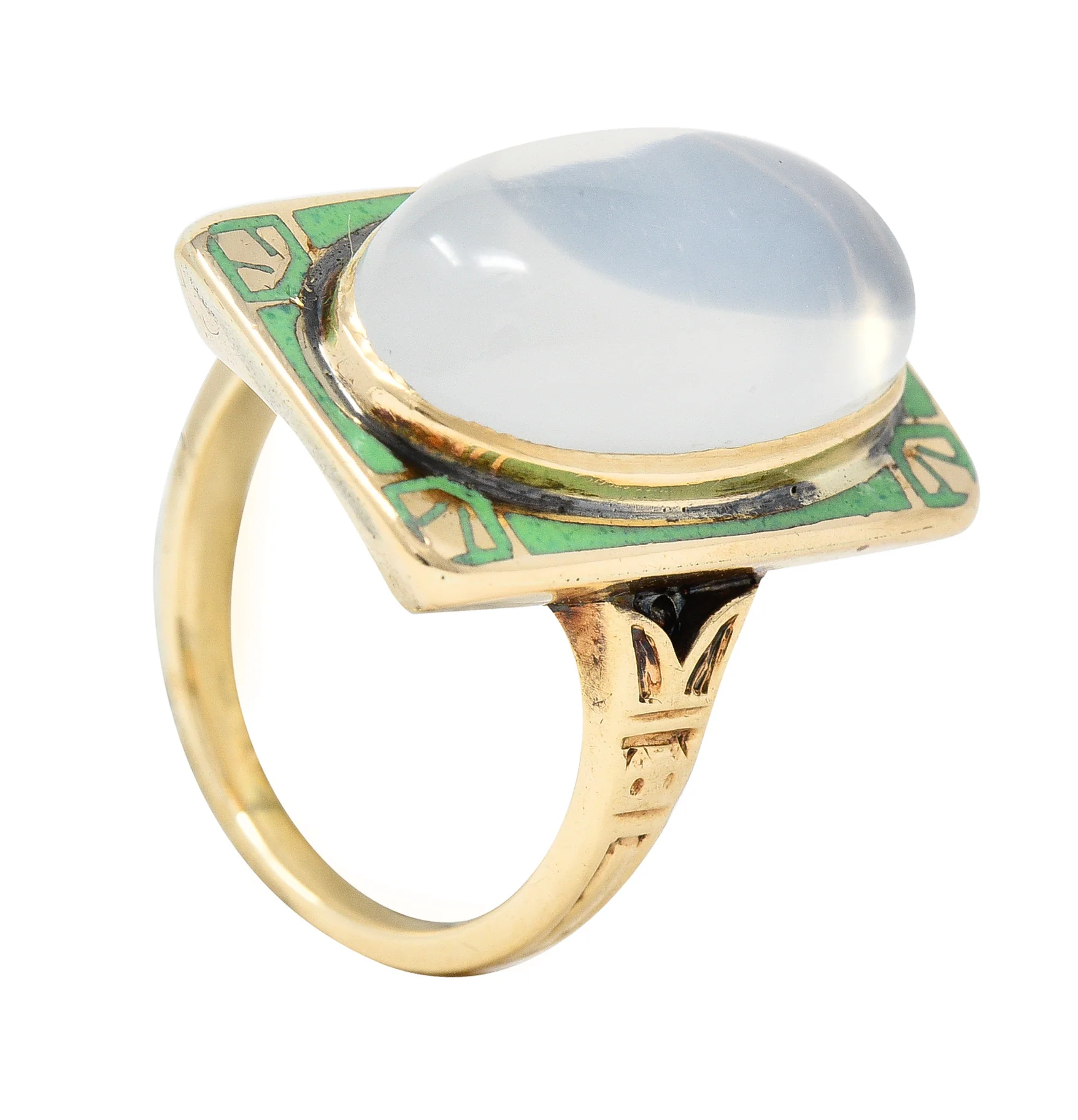 Allsop Bros. Art Nouveau Moonstone Cabochon Enamel 10 Karat Yellow Gold Antique Gemstone Ring - Image 11