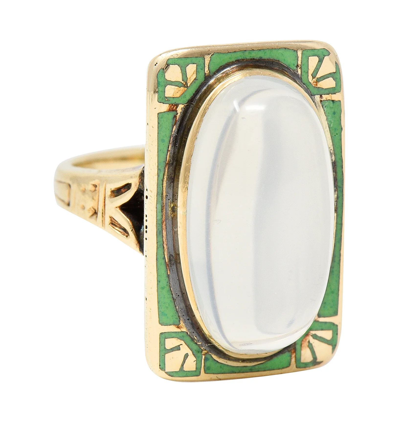 Allsop Bros. Art Nouveau Moonstone Cabochon Enamel 10 Karat Yellow Gold Antique Gemstone Ring - Image 2