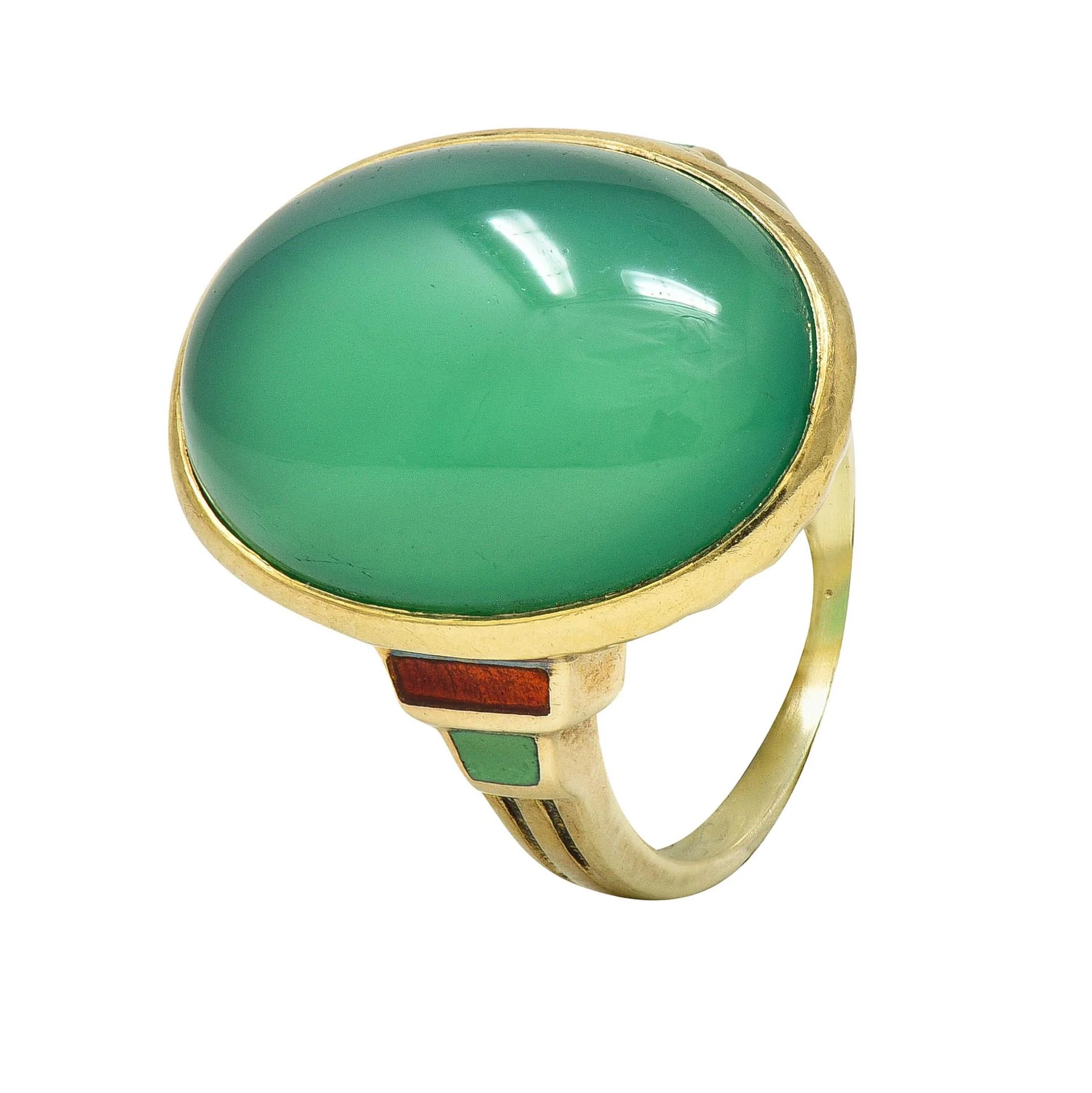 Allsopp Bros. Art Deco Chrysoprase Enamel 14 Karat Yellow Gold Antique Ring - Image 12