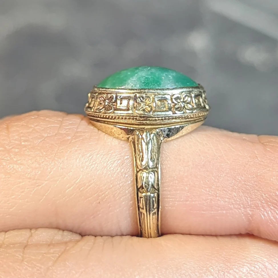 Allsopp Bros. Art Deco Natural Jade 14 Karat Yellow Gold Orange Blossom Ring GIA - Image 16