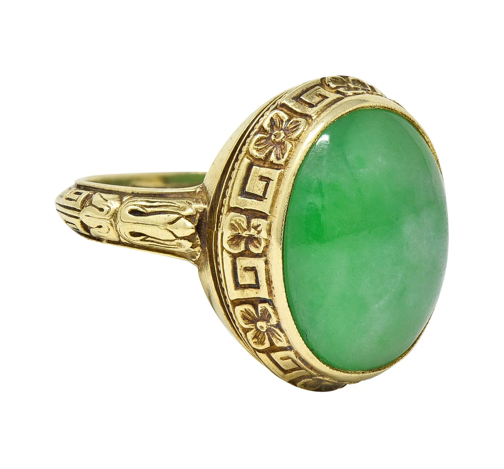 Allsopp Bros. Art Deco Natural Jade 14 Karat Yellow Gold Orange Blossom Ring GIA - Image 3