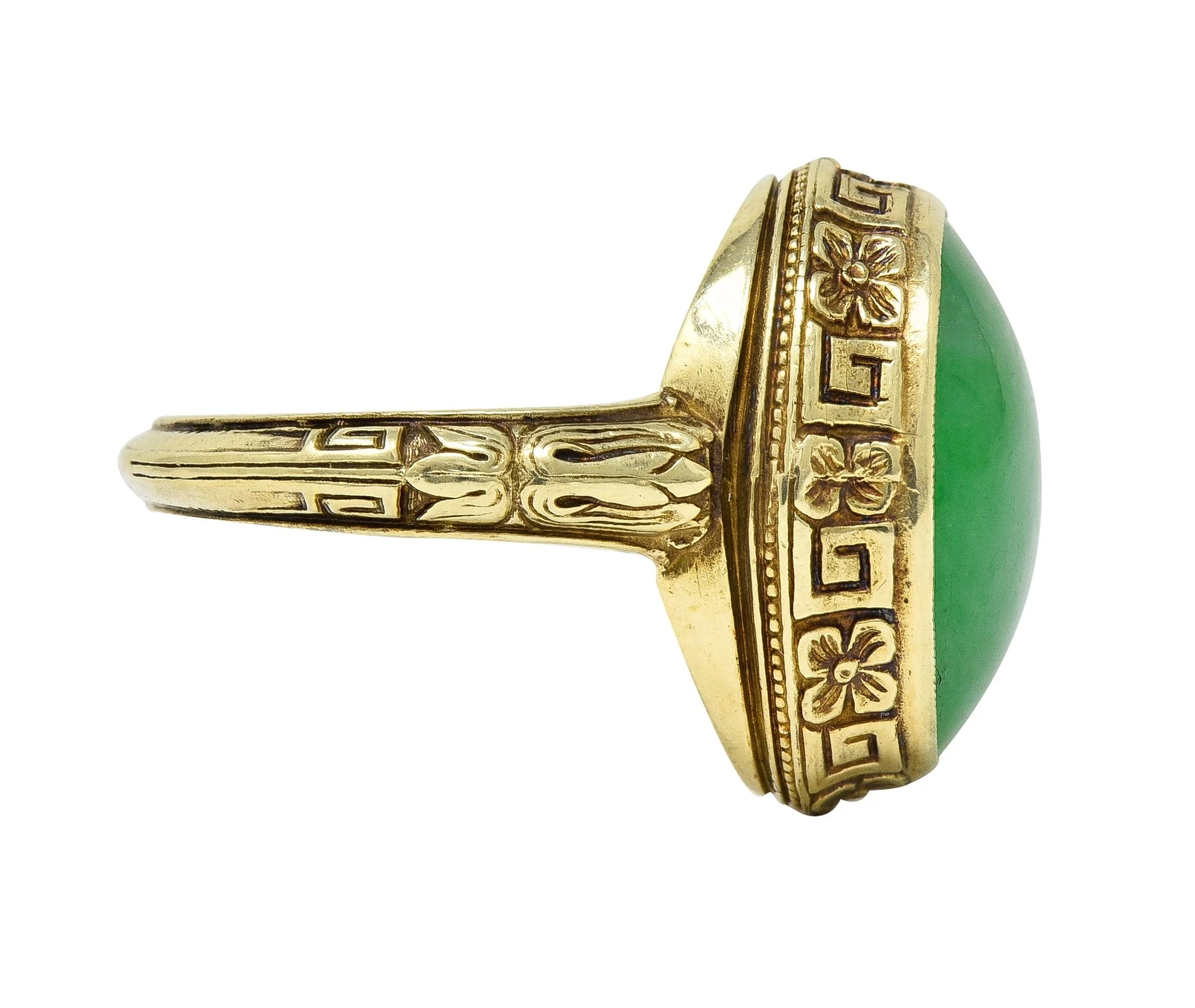 Allsopp Bros. Art Deco Natural Jade 14 Karat Yellow Gold Orange Blossom Ring GIA - Image 4