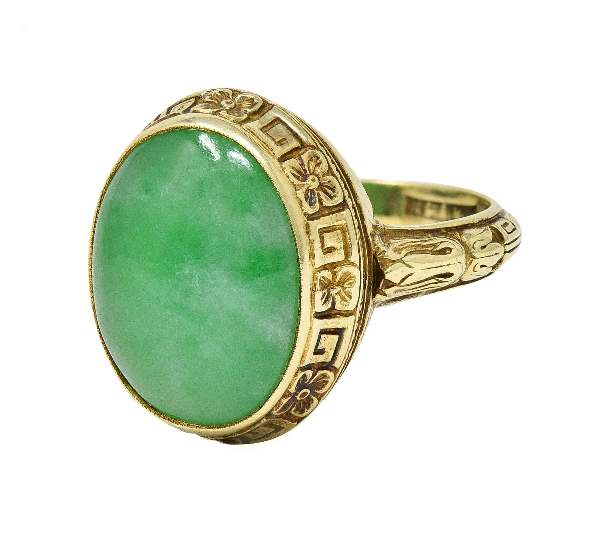 Allsopp Bros. Art Deco Natural Jade 14 Karat Yellow Gold Orange Blossom Ring GIA - Image 7