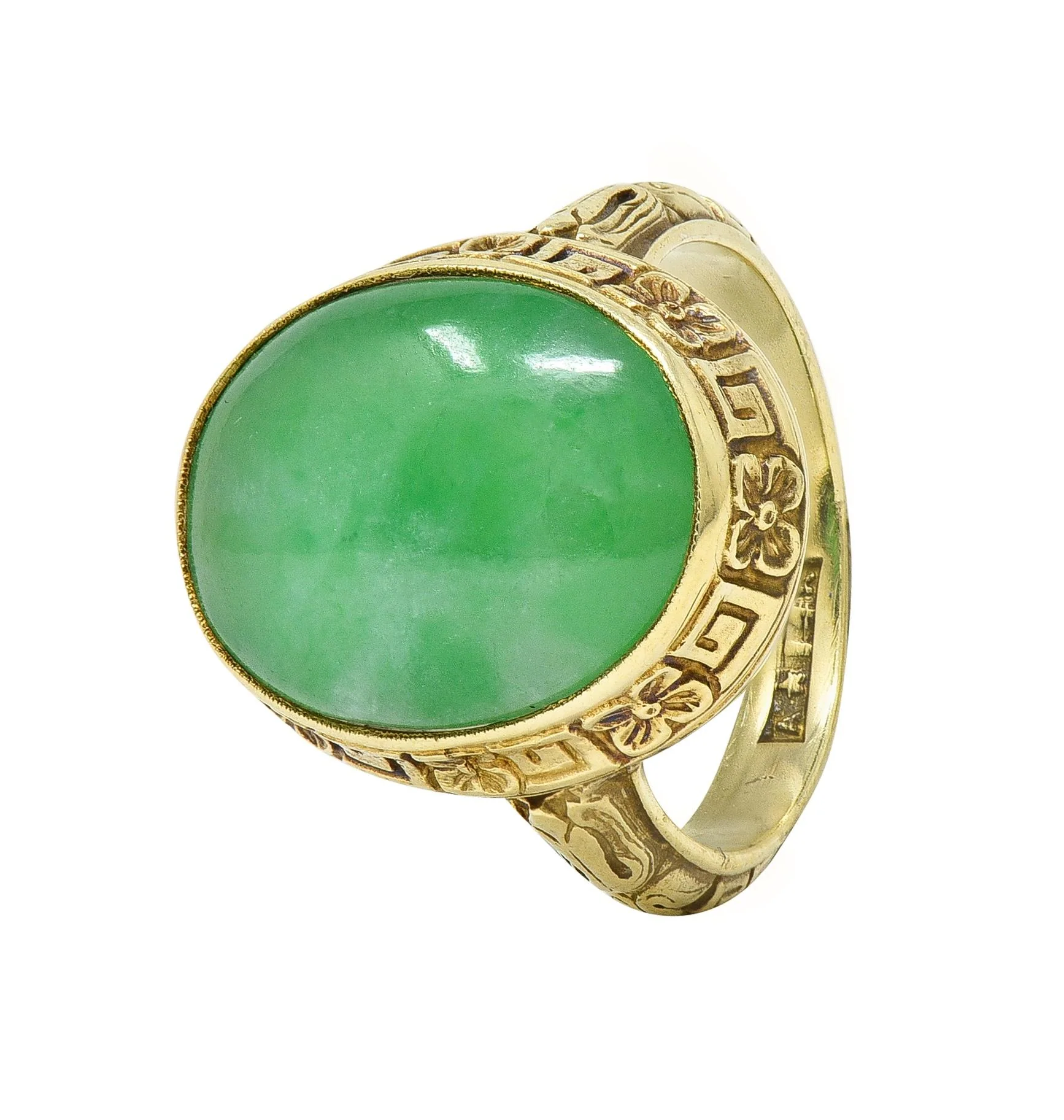 Allsopp Bros. Art Deco Natural Jade 14 Karat Yellow Gold Orange Blossom Ring GIA - Image 9