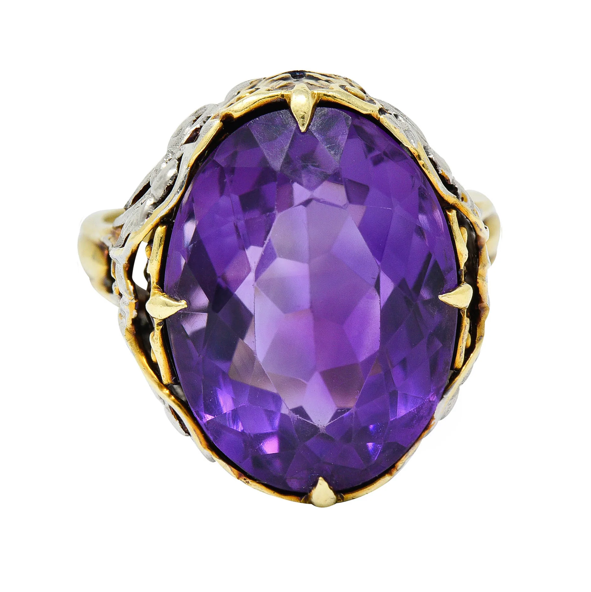 Allsopp-Steller Amethyst 14 Karat Two-Tone Gold Scrolled Foliate Ring