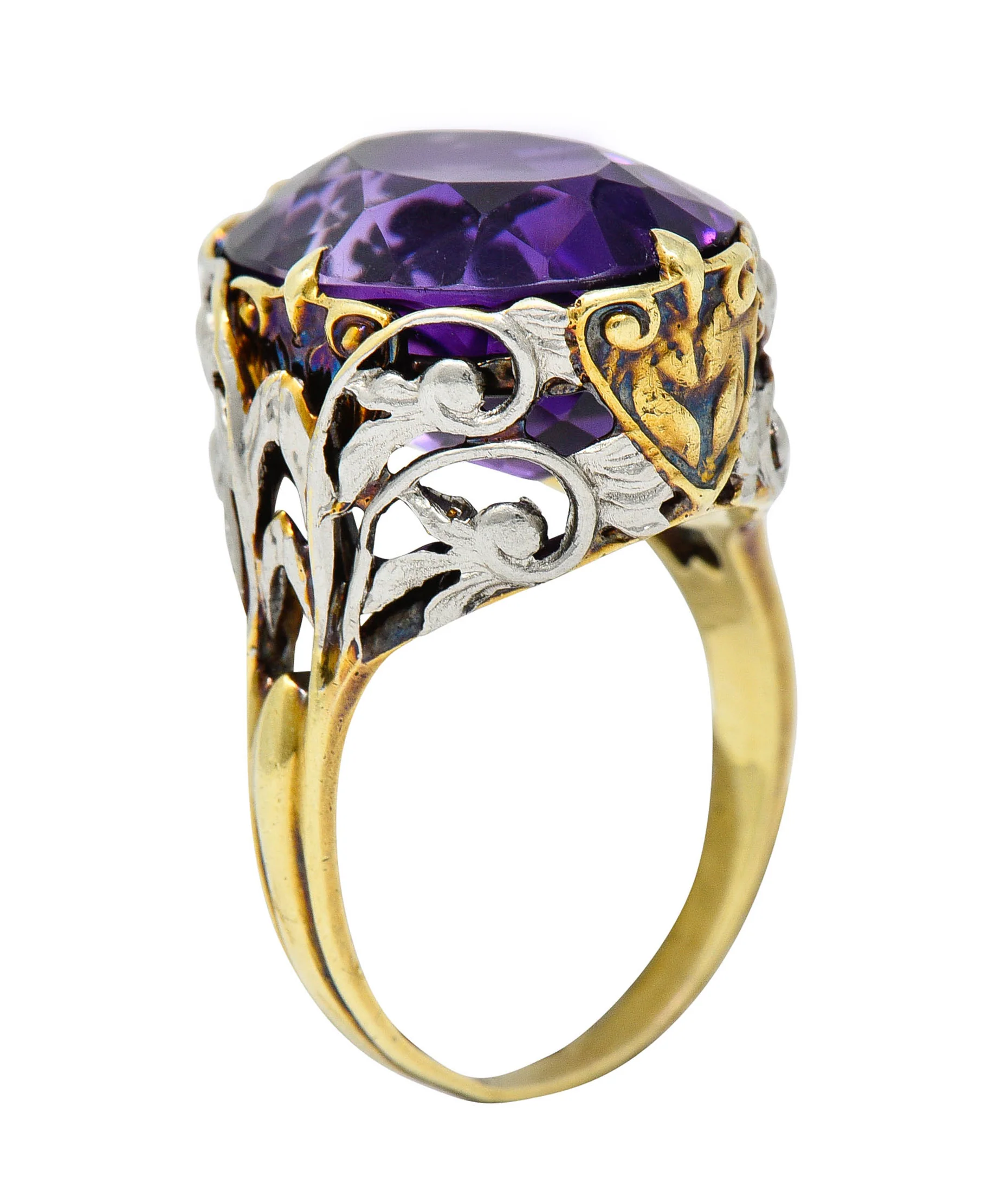 Allsopp-Steller Amethyst 14 Karat Two-Tone Gold Scrolled Foliate Ring - Image 2