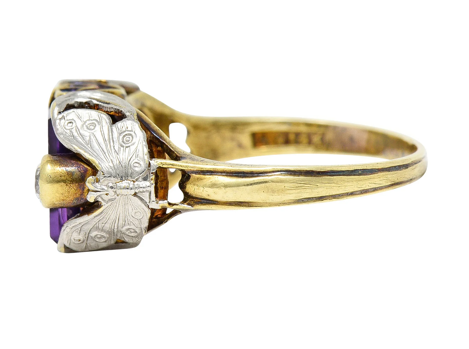 Allsopp-Steller Art Deco Amethyst Diamond 14 Karat Two-Tone Gold Butterfly Ring - Image 6