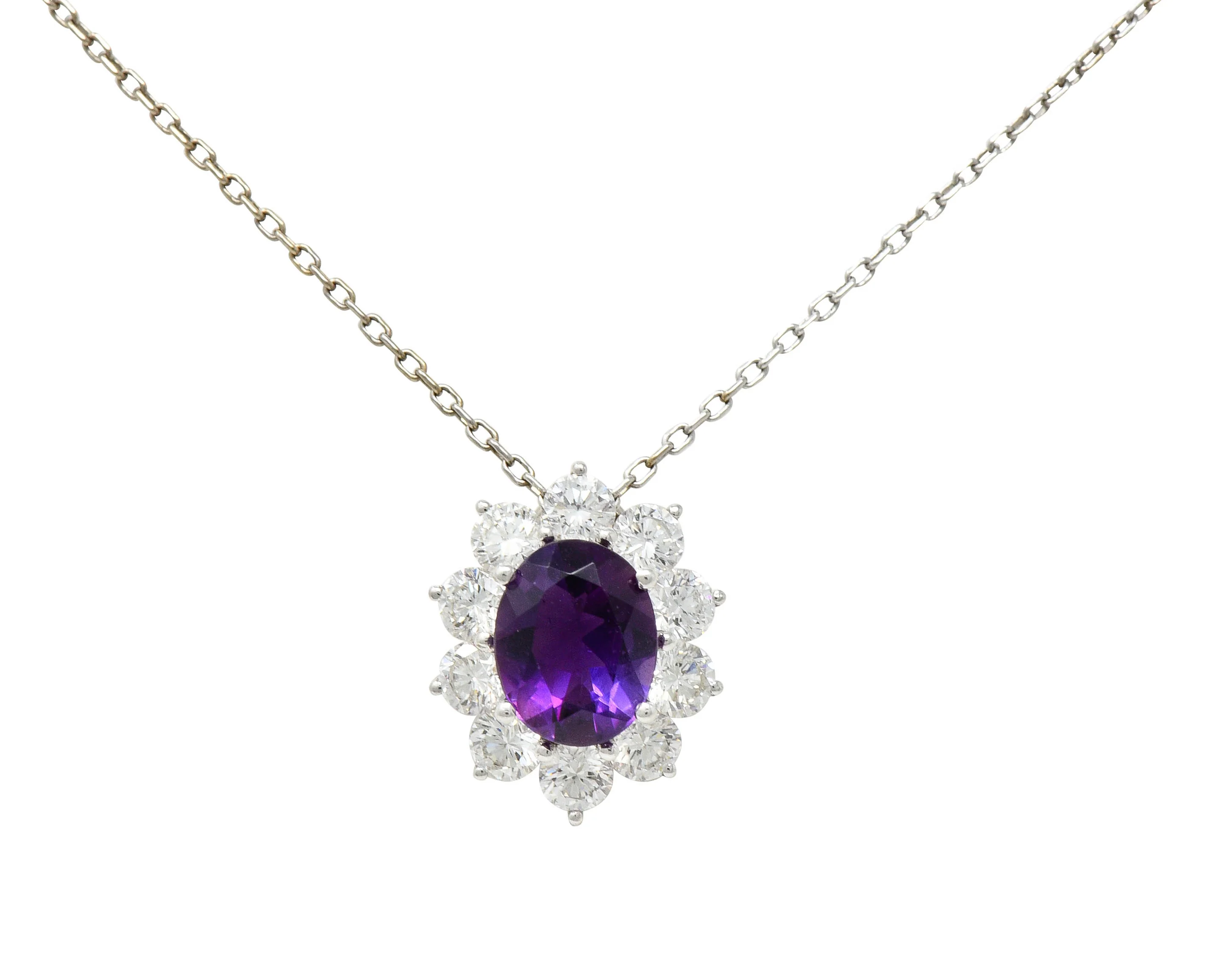 Amethyst 1.50 CTW Diamond Platinum Cluster Pendant Necklace - Image 3