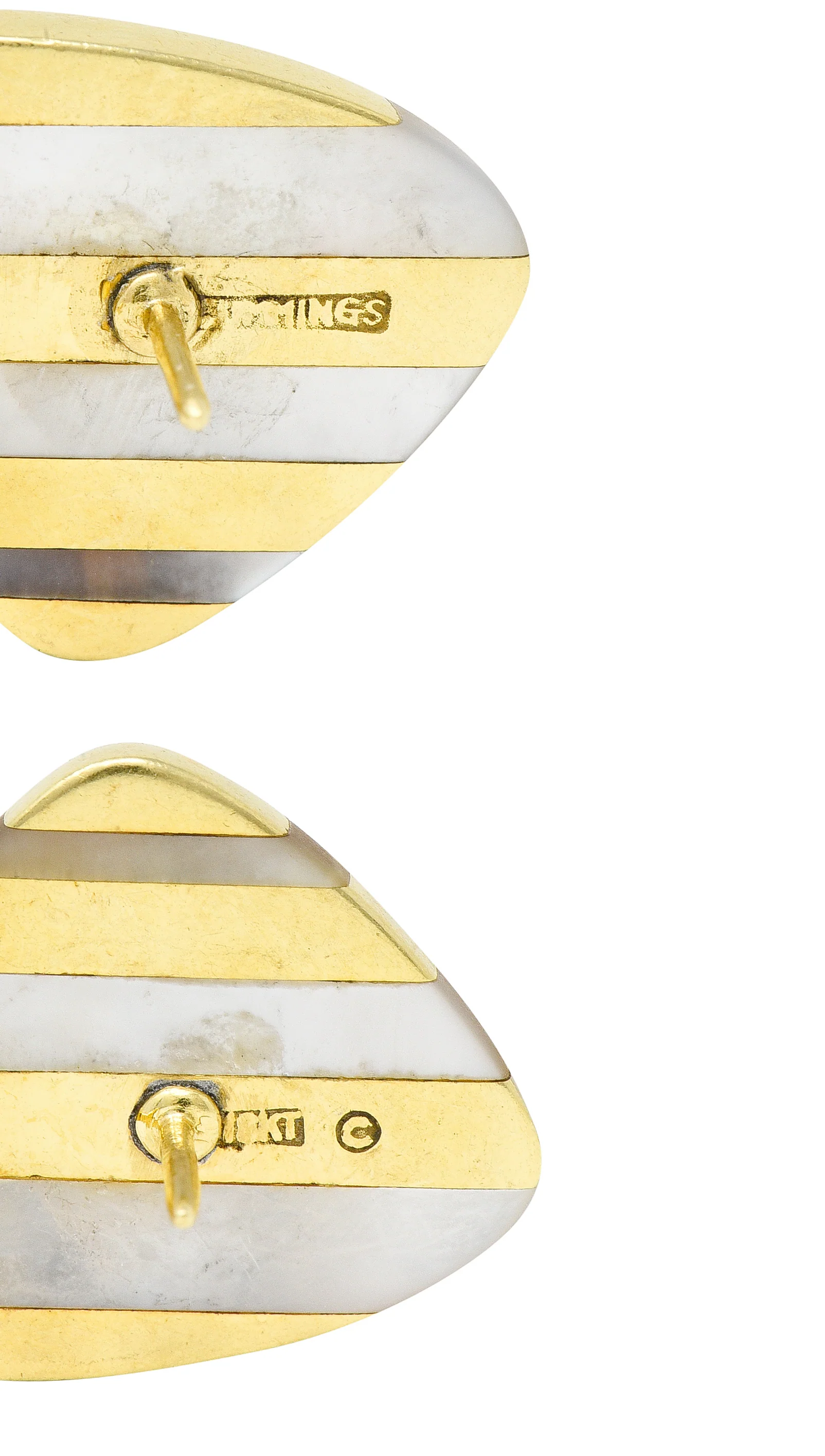Angela Cummings 1970's Mother-Of-Pearl 18 Karat Yellow Gold Inlay Stripe Triangle Vintage Earrings - Image 5