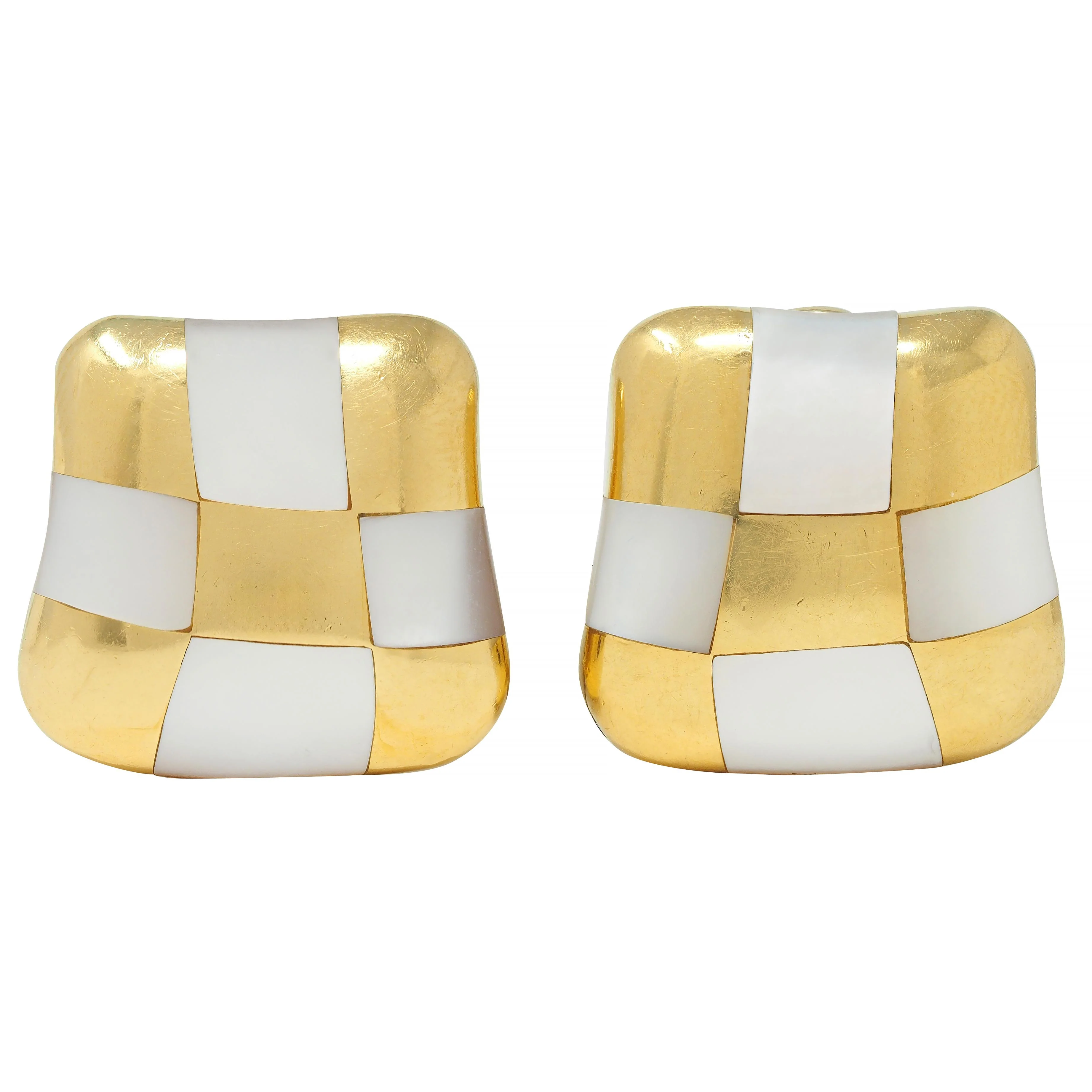 Angela Cummings 1980's Mother-Of-Pearl 18 Karat Gold Vintage Inlay Checkerboard Earrings