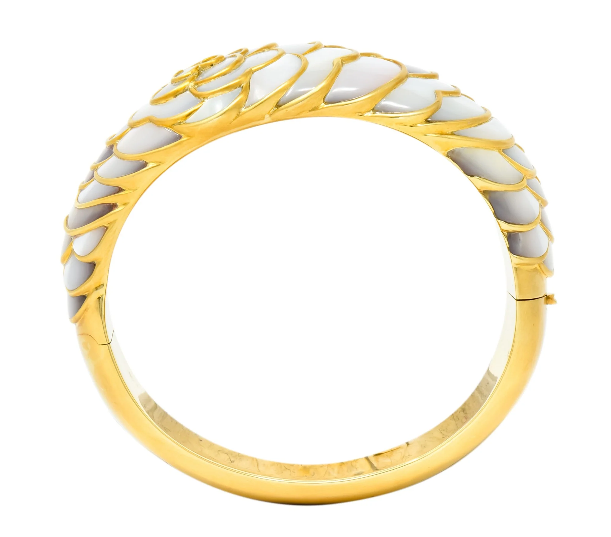 Angela Cummings Mother of Pearl 18 Karat Gold Floral Bangle Bracelet - Image 9