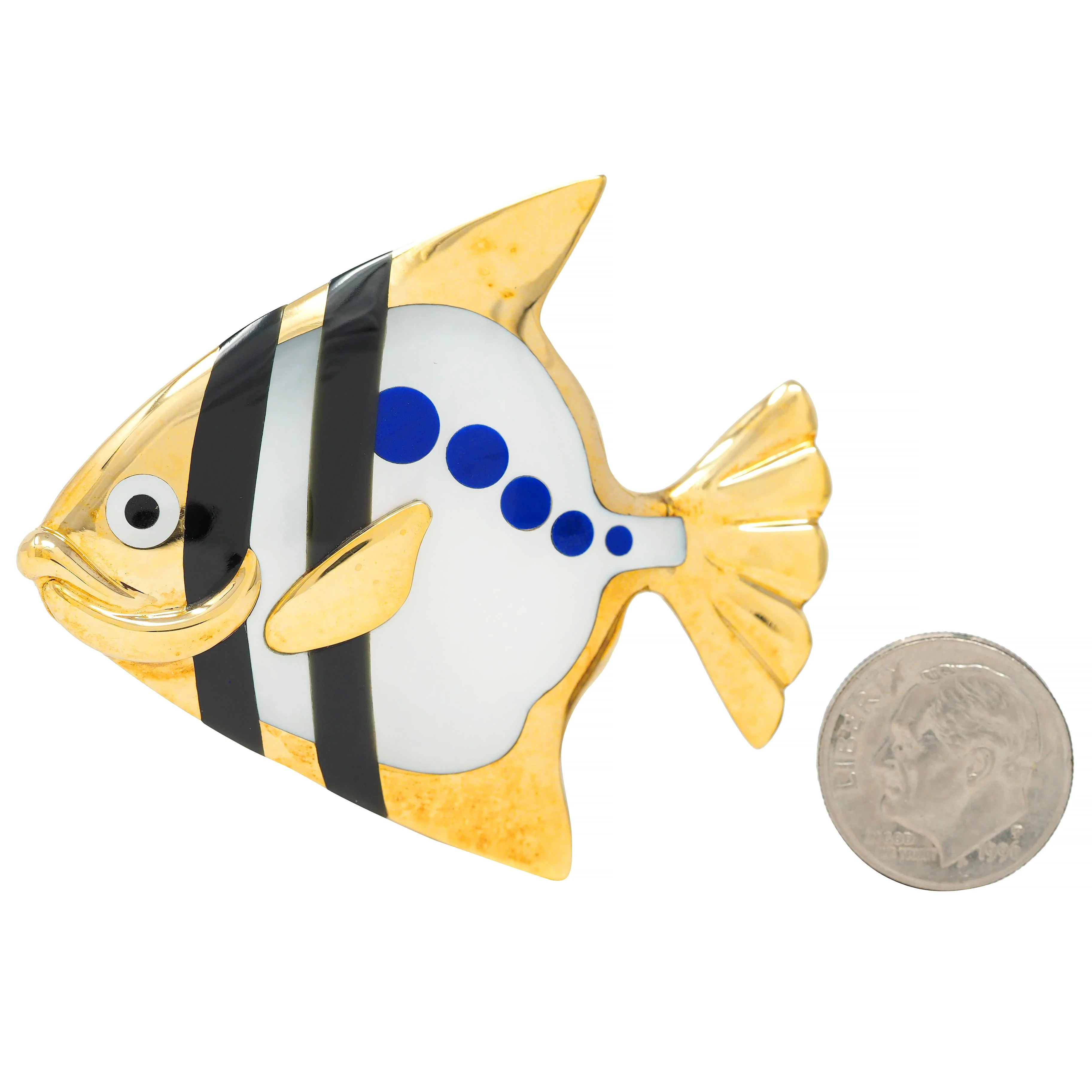 Angela Cummings Tiffany & Co. 1970's Lapis Lazuli Mother-Of-Pearl Onyx 18 Karat Gold Vintage Angel Fish Brooch - Image 10