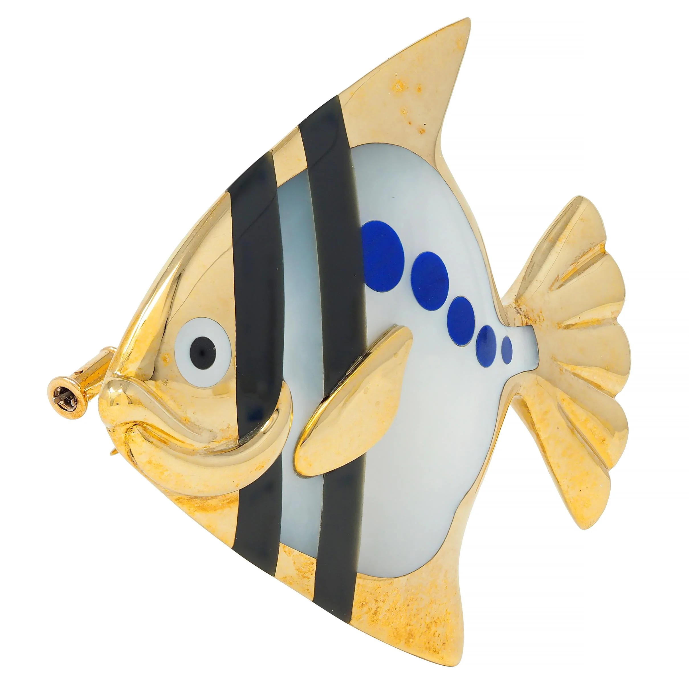 Angela Cummings Tiffany & Co. 1970's Lapis Lazuli Mother-Of-Pearl Onyx 18 Karat Gold Vintage Angel Fish Brooch - Image 3