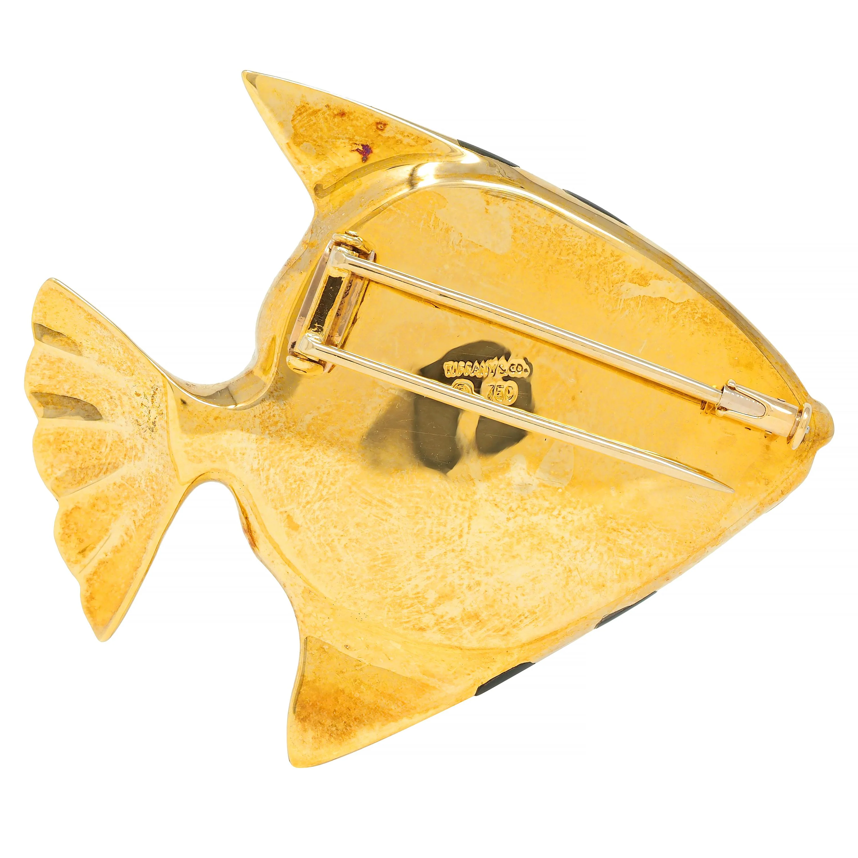 Angela Cummings Tiffany & Co. 1970's Lapis Lazuli Mother-Of-Pearl Onyx 18 Karat Gold Vintage Angel Fish Brooch - Image 4