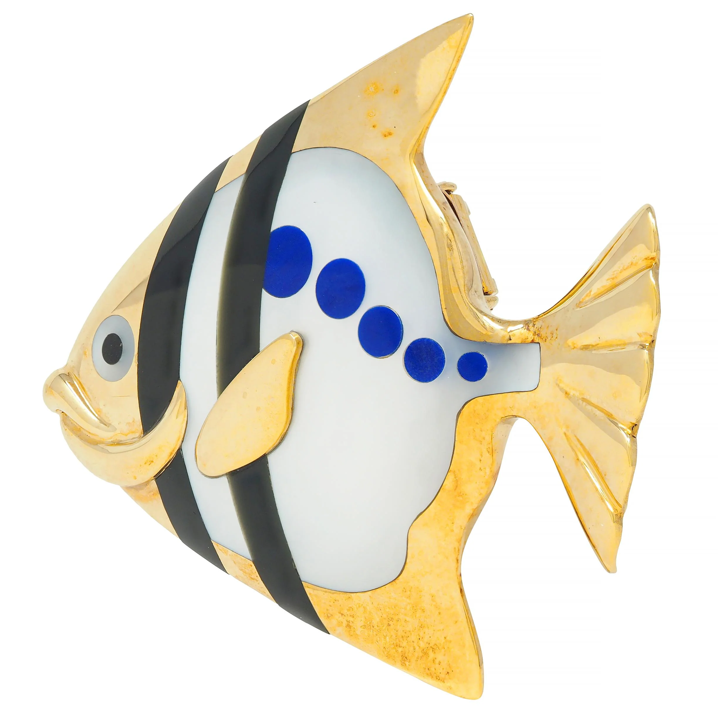 Angela Cummings Tiffany & Co. 1970's Lapis Lazuli Mother-Of-Pearl Onyx 18 Karat Gold Vintage Angel Fish Brooch - Image 5