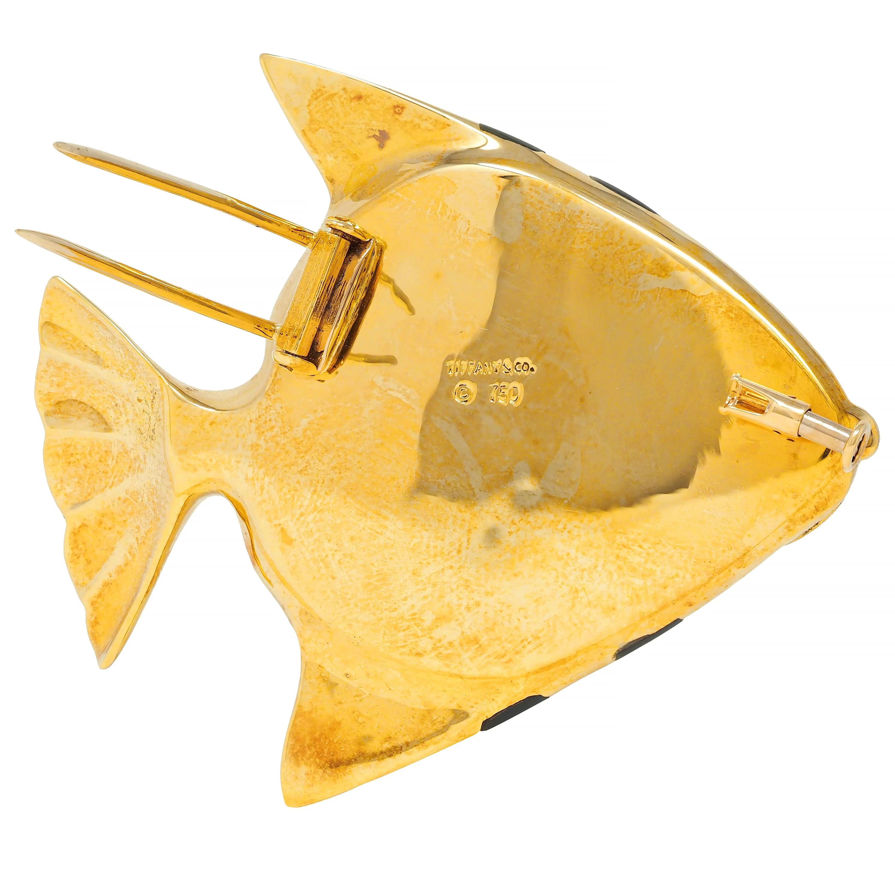 Angela Cummings Tiffany & Co. 1970's Lapis Lazuli Mother-Of-Pearl Onyx 18 Karat Gold Vintage Angel Fish Brooch - Image 6