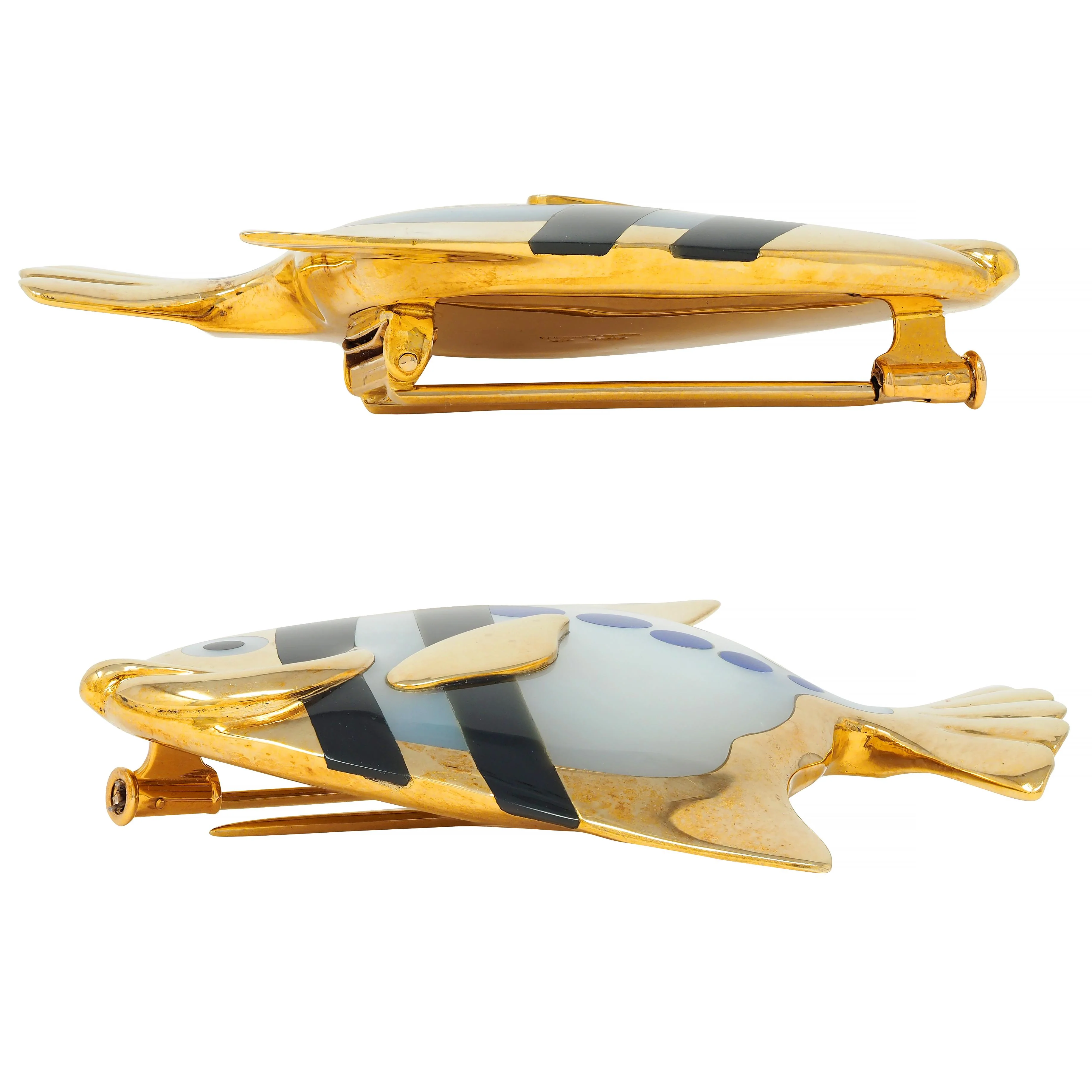 Angela Cummings Tiffany & Co. 1970's Lapis Lazuli Mother-Of-Pearl Onyx 18 Karat Gold Vintage Angel Fish Brooch - Image 7