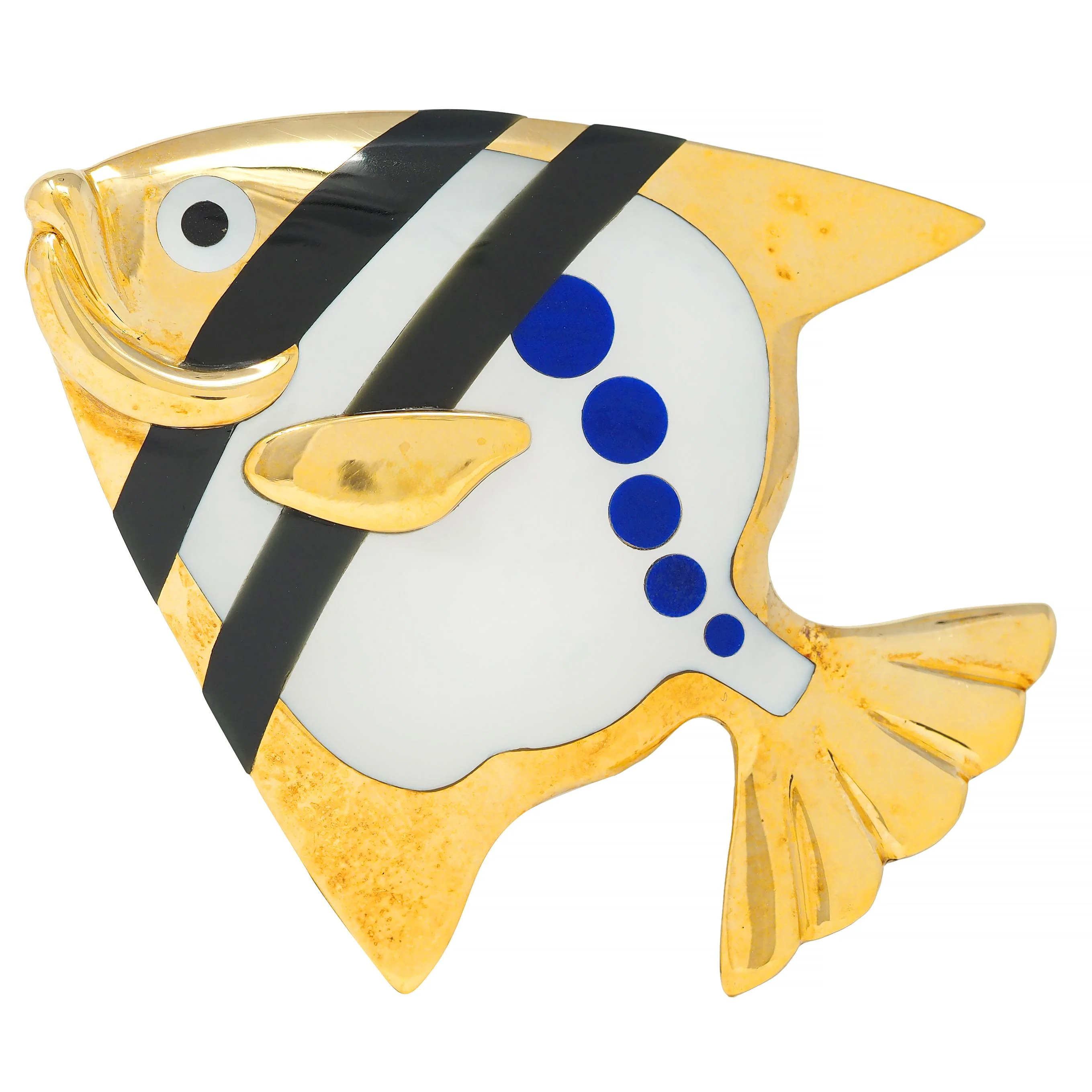 Angela Cummings Tiffany & Co. 1970's Lapis Lazuli Mother-Of-Pearl Onyx 18 Karat Gold Vintage Angel Fish Brooch - Image 8
