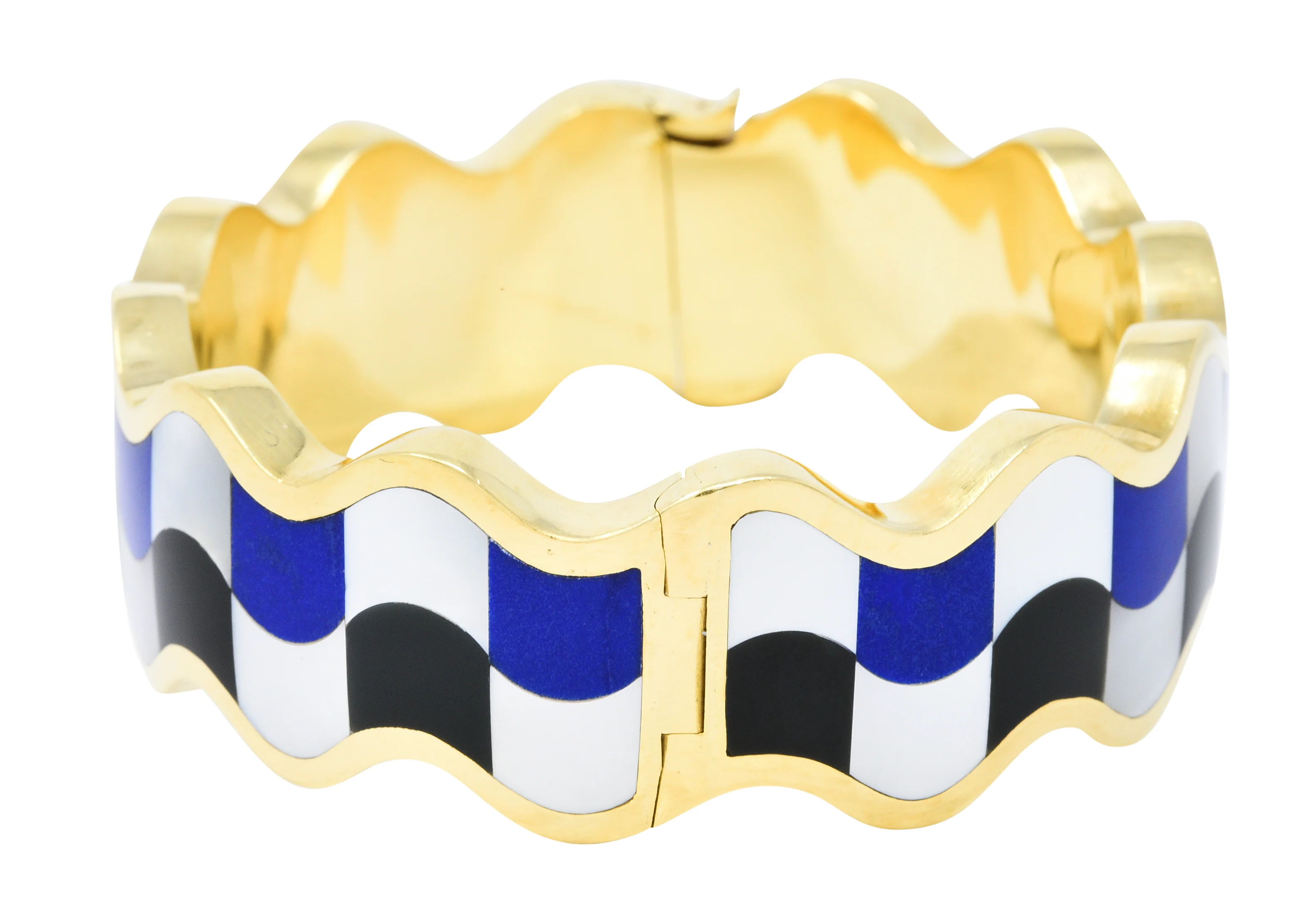 Angela Cummings Tiffany & Co. Inlaid Onyx Lapis Mother-Of-Pearl 18 Karat Gold Wave Bangle Bracelet - Image 5
